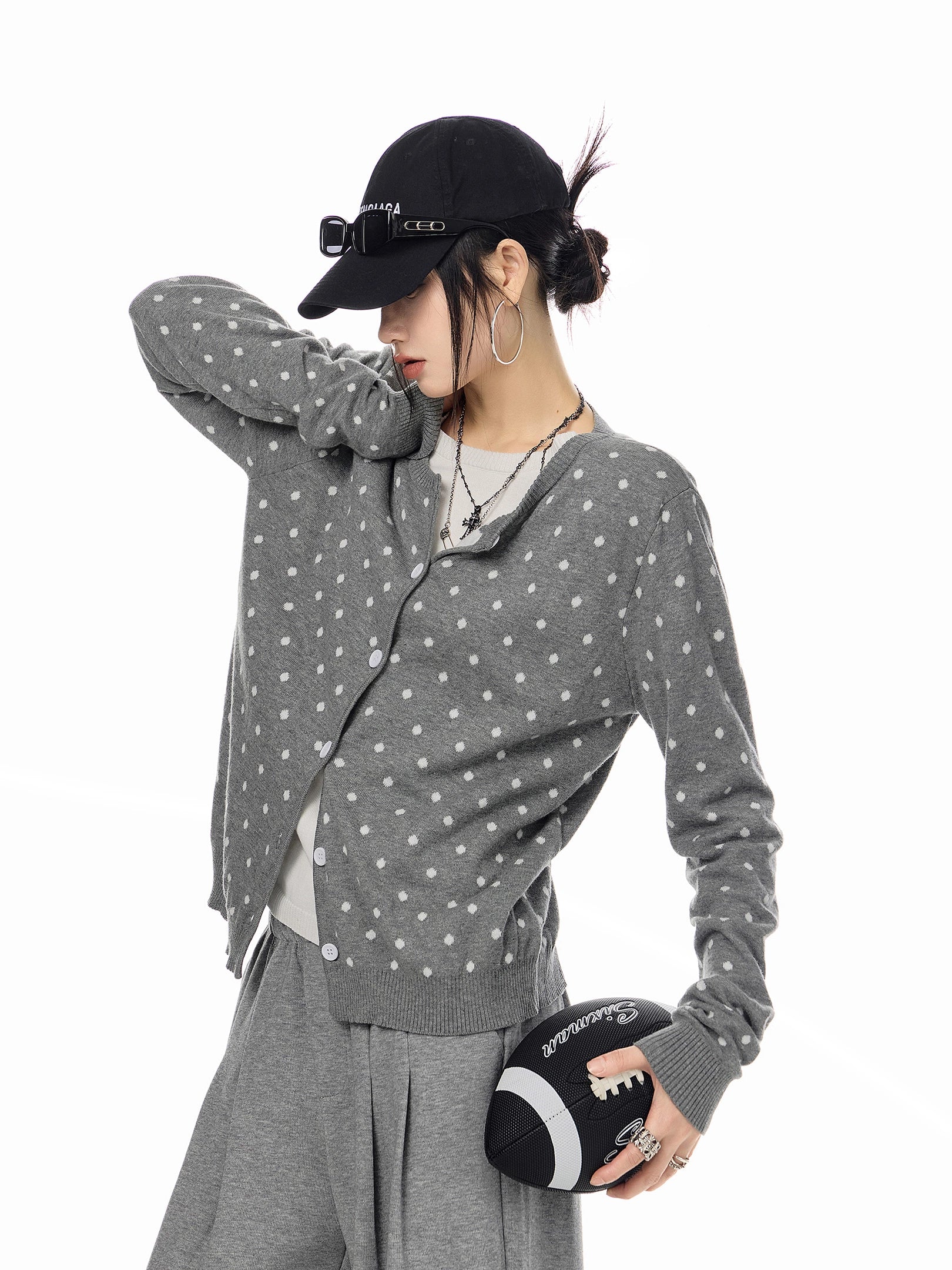 ICH MODE 美式复古修身波点针织开衫女2025新款秋冬慵懒毛衣外套