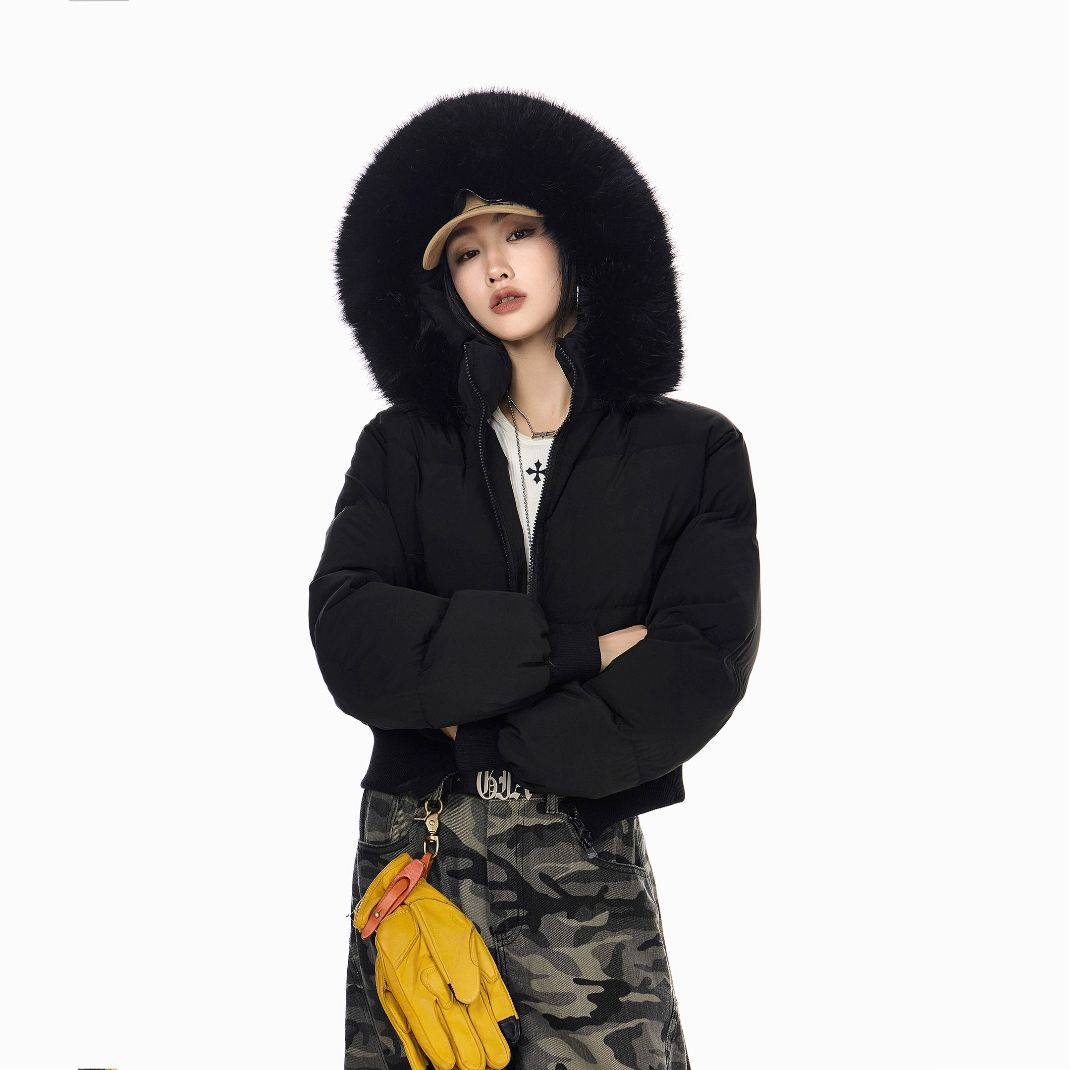 ICH MODE 美式复古大毛领连帽棉服女2025新款秋冬季修身开衫棉袄