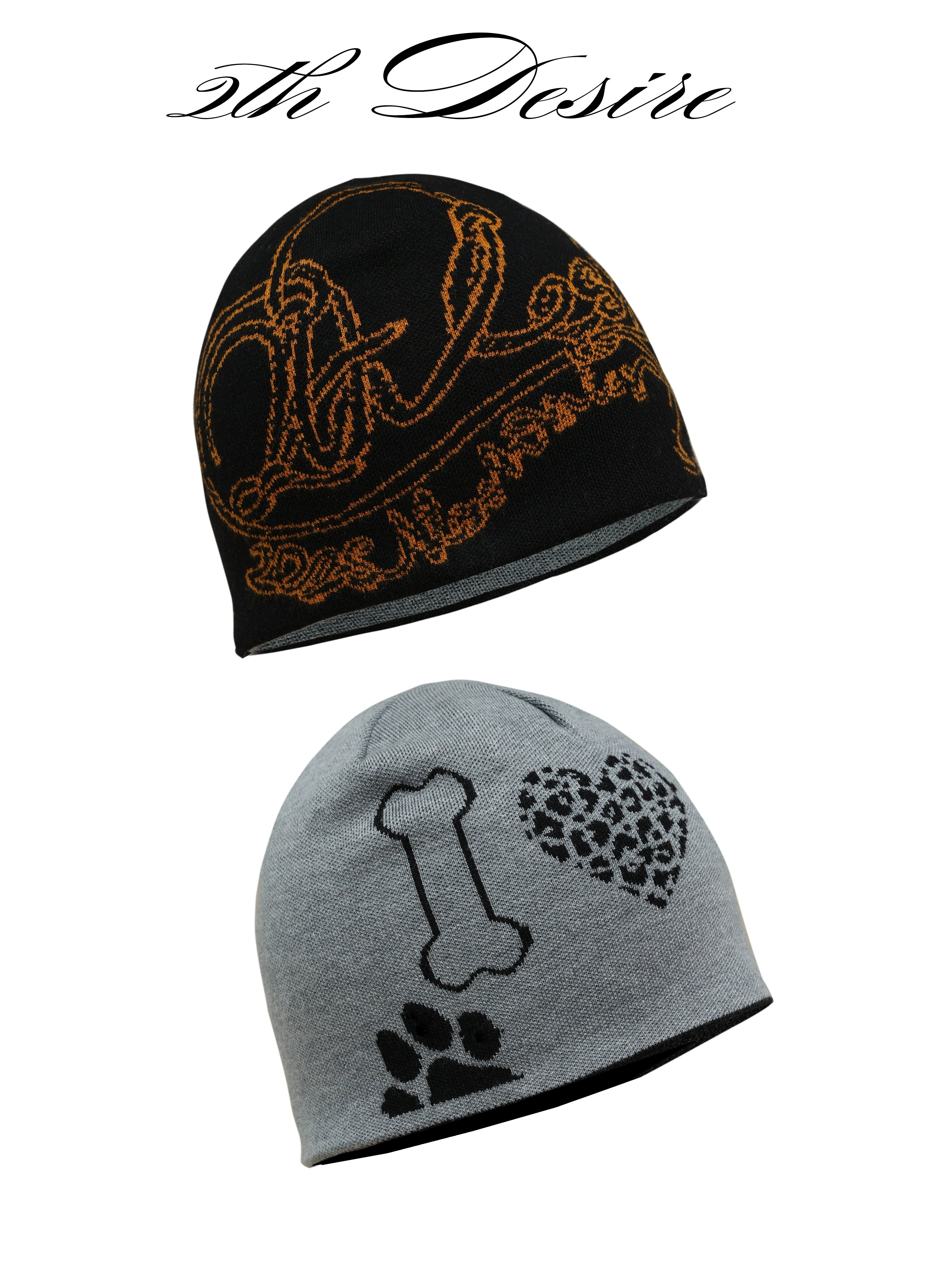 2th Desire设计感撞色印花双面戴针织毛线帽冬季保暖包头帽冷帽