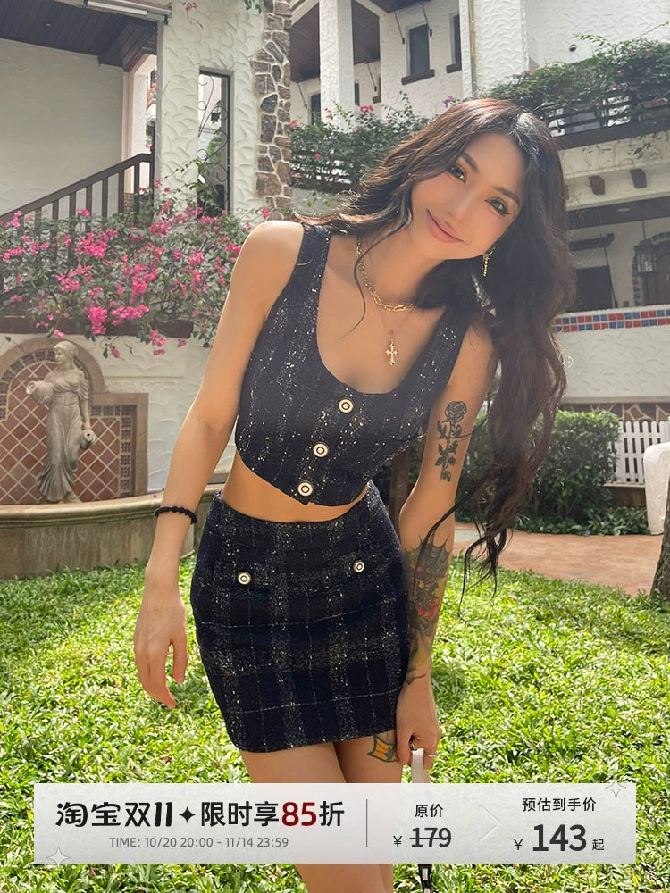 野生zero 蓝色小香套装女夏季外穿短款吊带背心格子a字半身短裙子