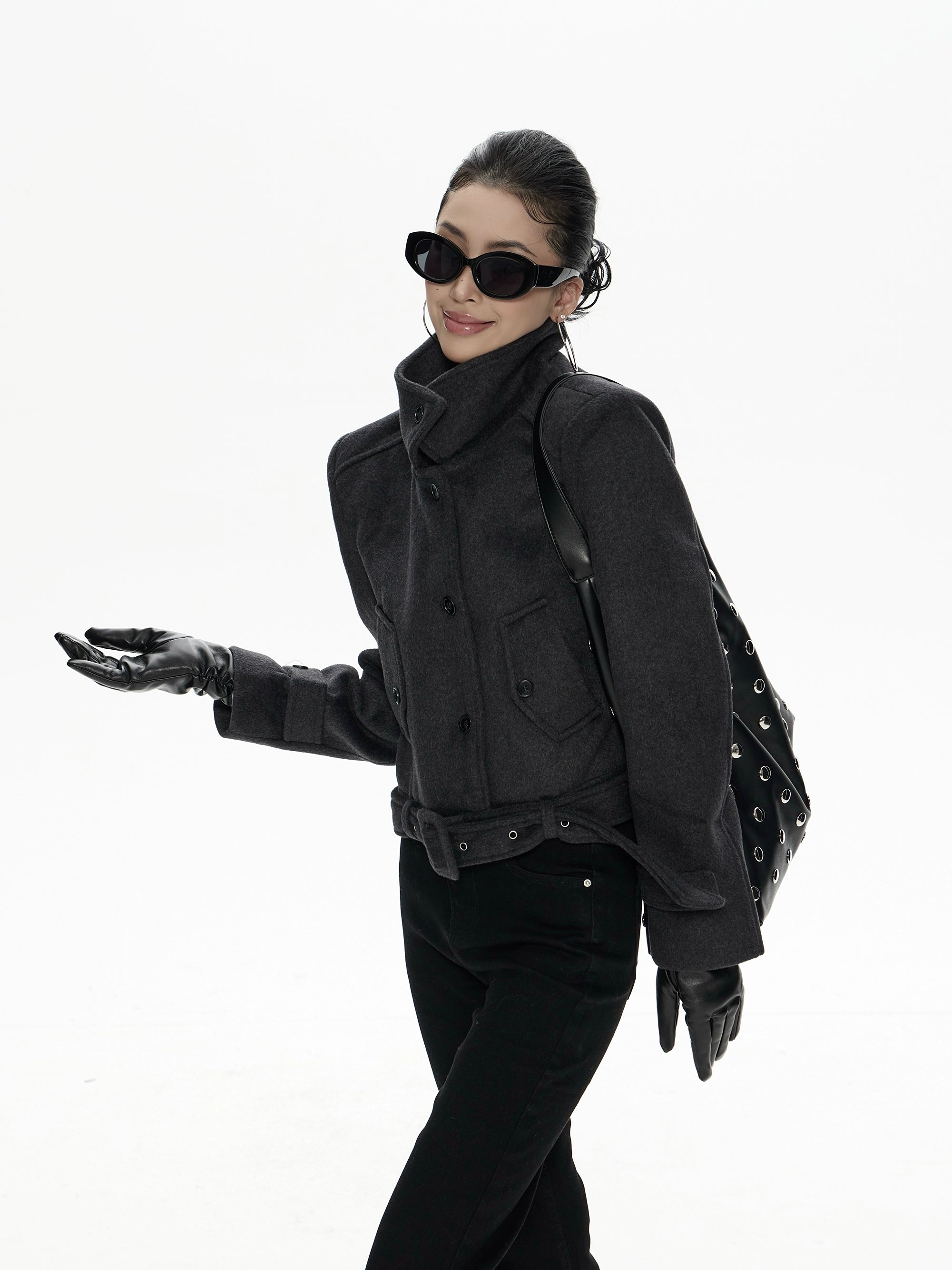 野生zero立领宽松毛呢外套女秋冬新款设计感小众加厚显瘦长袖上衣