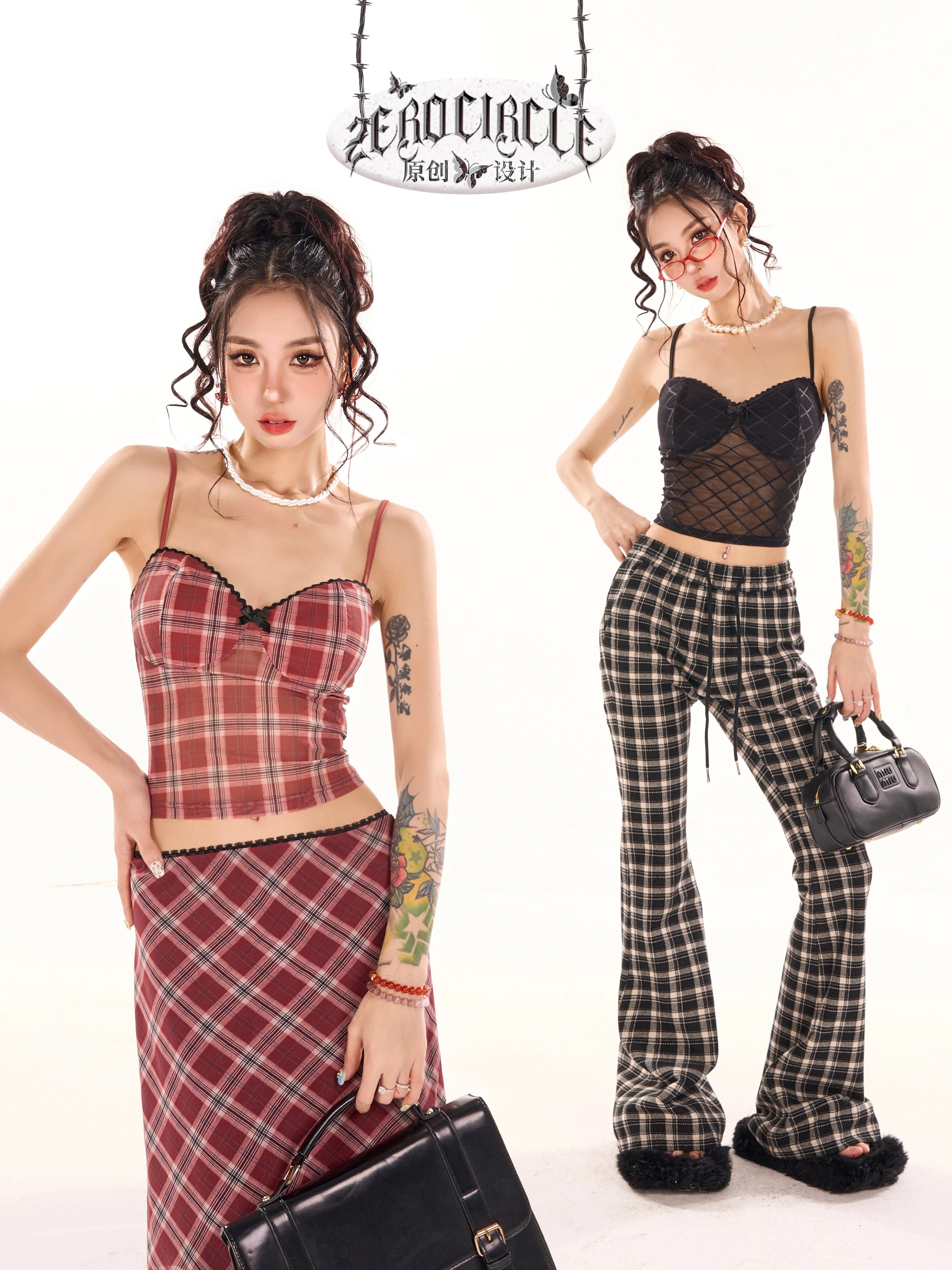 野生zerocircle黑红色格子吊带胸垫背心内搭女春夏季辣妹网纱上衣