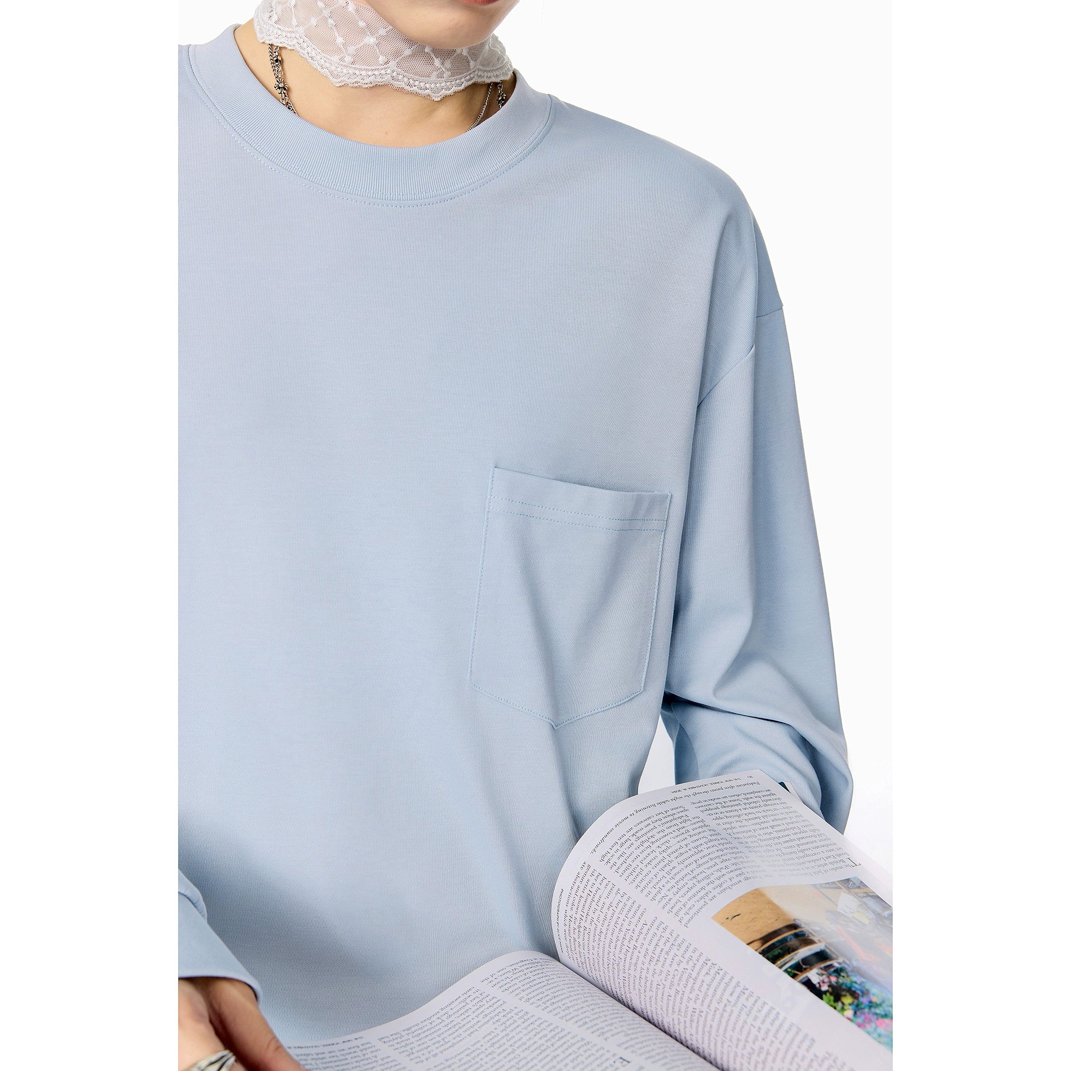 ICH MODE 美式圆领正肩长袖T恤女2025秋冬新款宽松纯色上衣打底衫