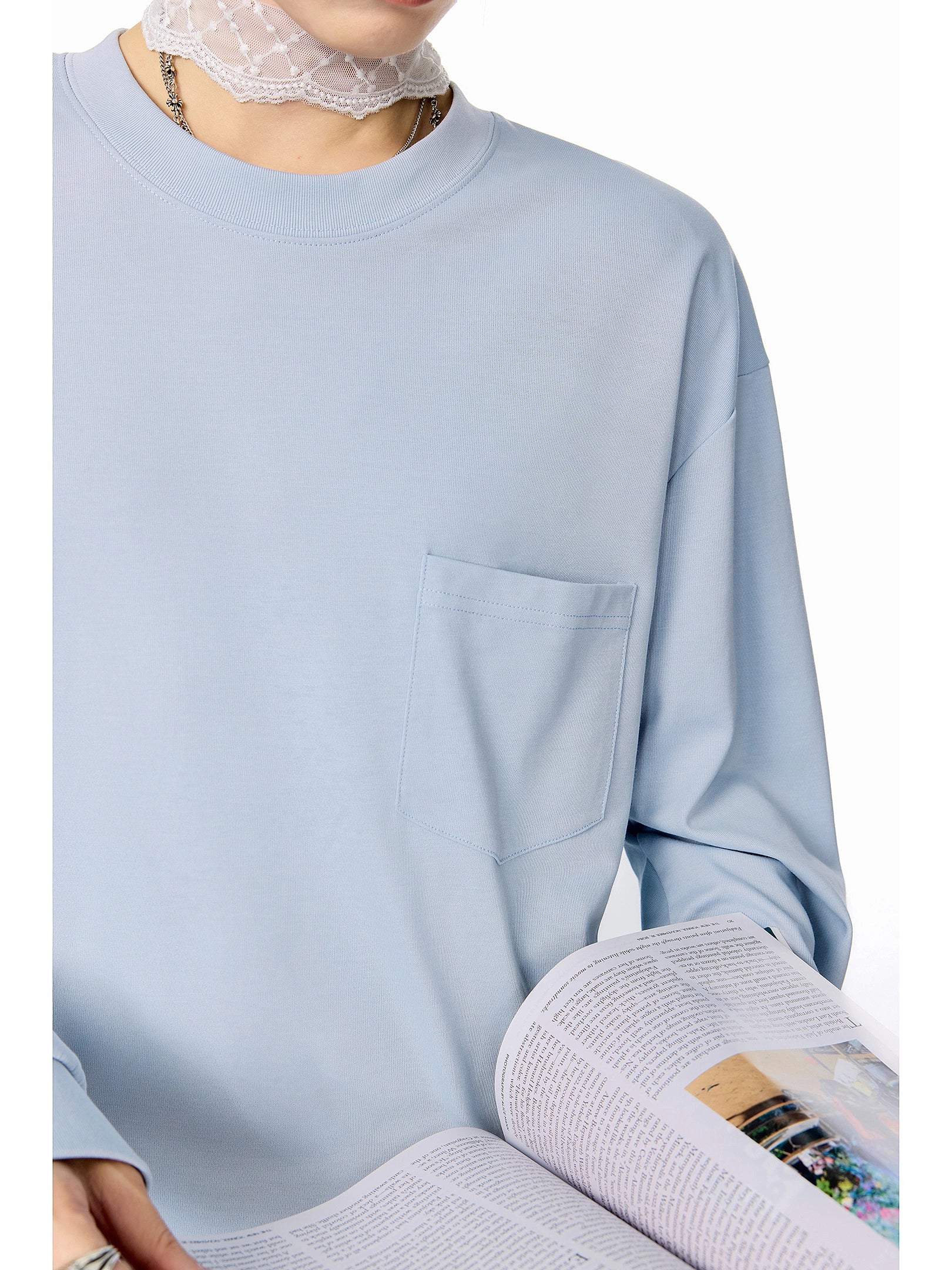 ICH MODE 美式圆领正肩长袖T恤女2025秋冬新款宽松纯色上衣打底衫