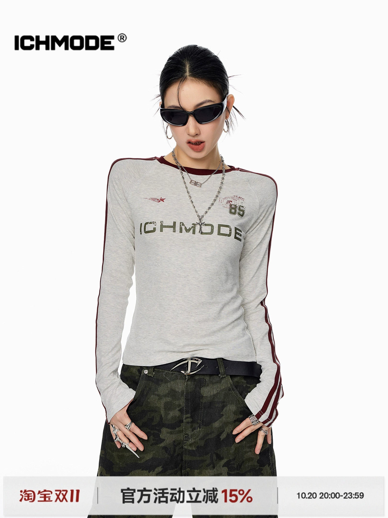 ICH MODE 美式复古正肩长袖T恤女秋冬新款修身运动正肩上衣打底衫