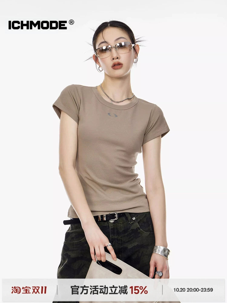 ICH MODE 美式修身短袖T恤女夏季新款流行辣妹短款正肩半袖上衣t