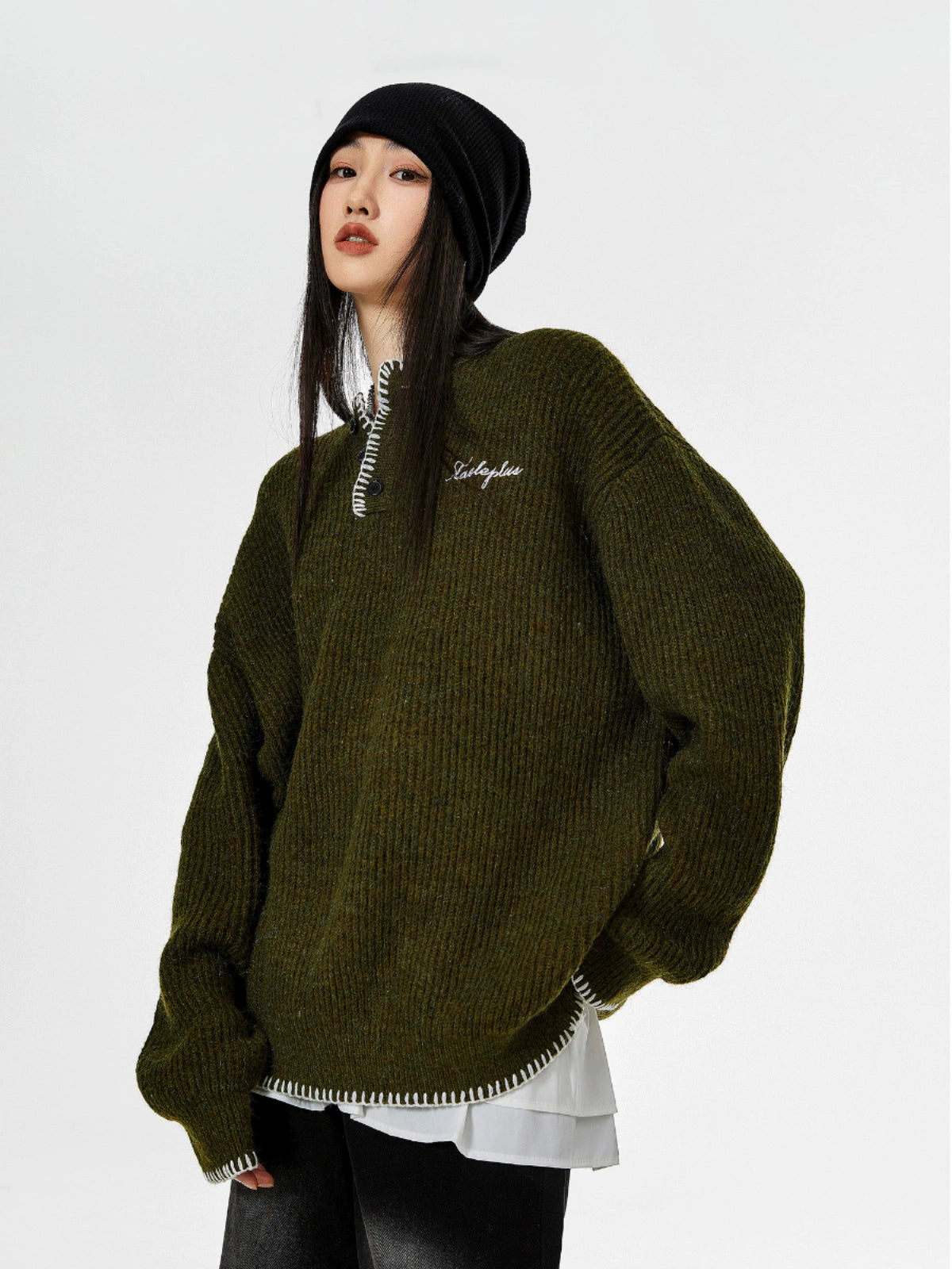 ICH MODE 美式复古亨利领毛衣女2025新款冬季宽松慵懒风针织上衣