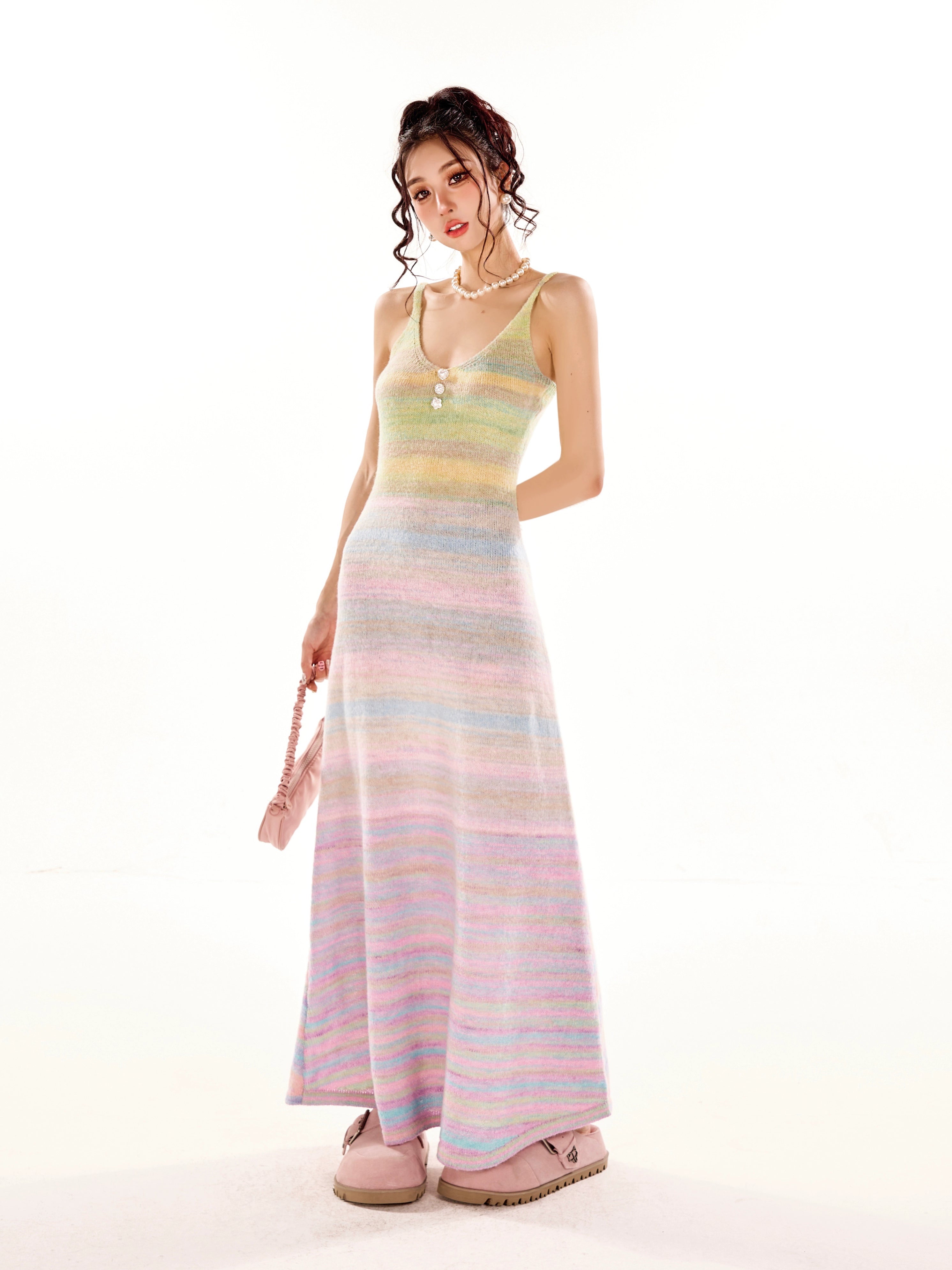 野生zerocircle彩虹v领吊带连衣裙女春夏设计感显瘦修身a字长裙子