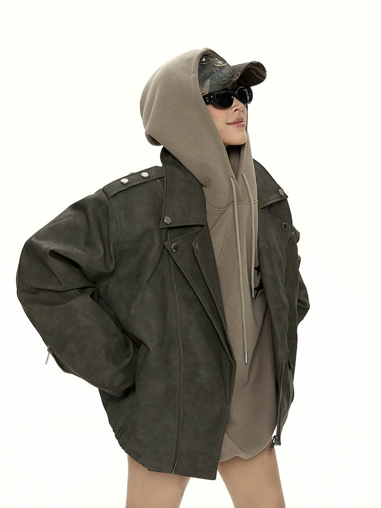 野生zero 美式复古廓形pu皮衣外套女秋冬新款酷飒风机车夹克上衣