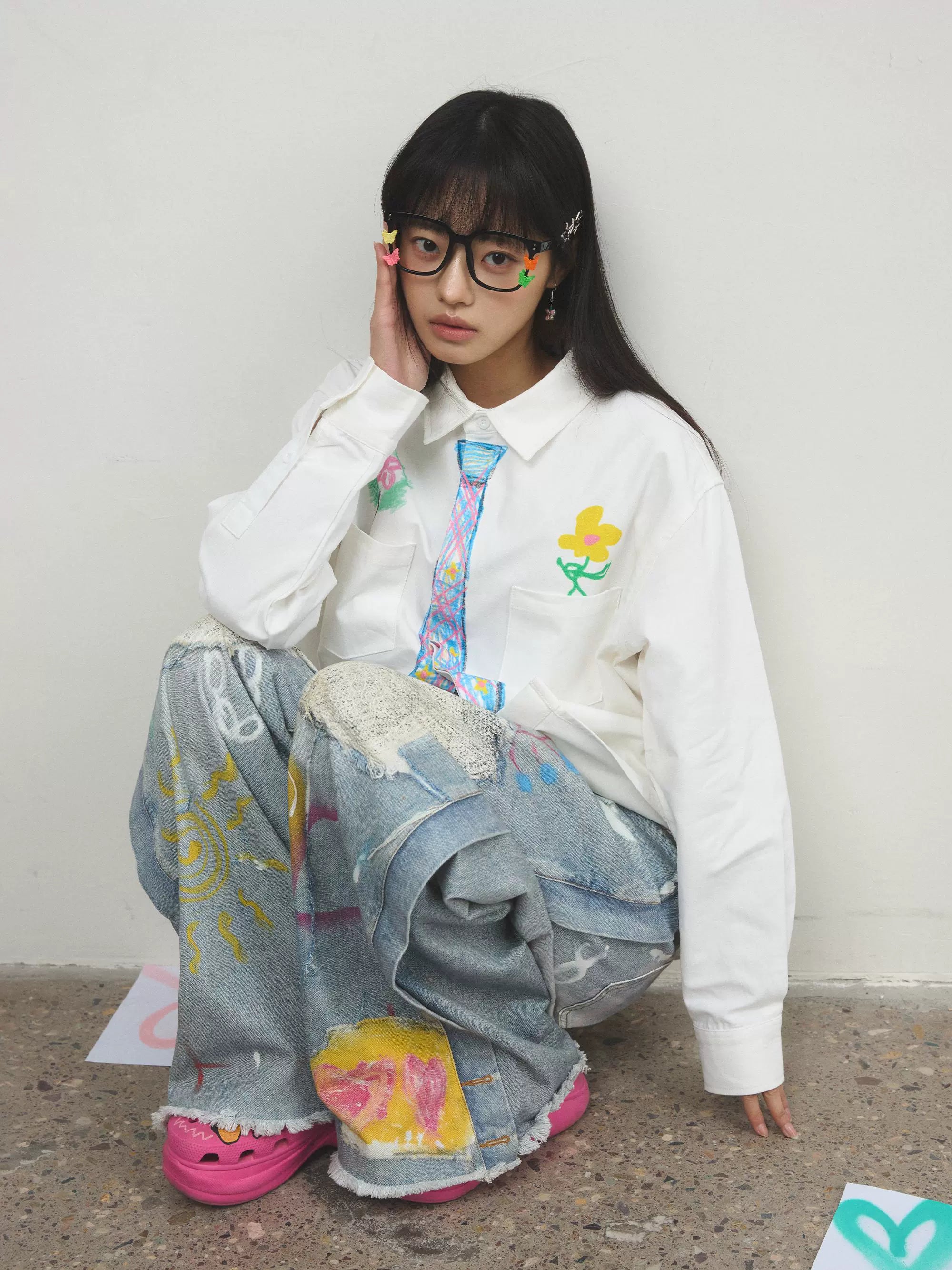 “追梦”| eeee创意设计感蜡笔手绘领带衬衫趣味学院风涂鸦衬衣春