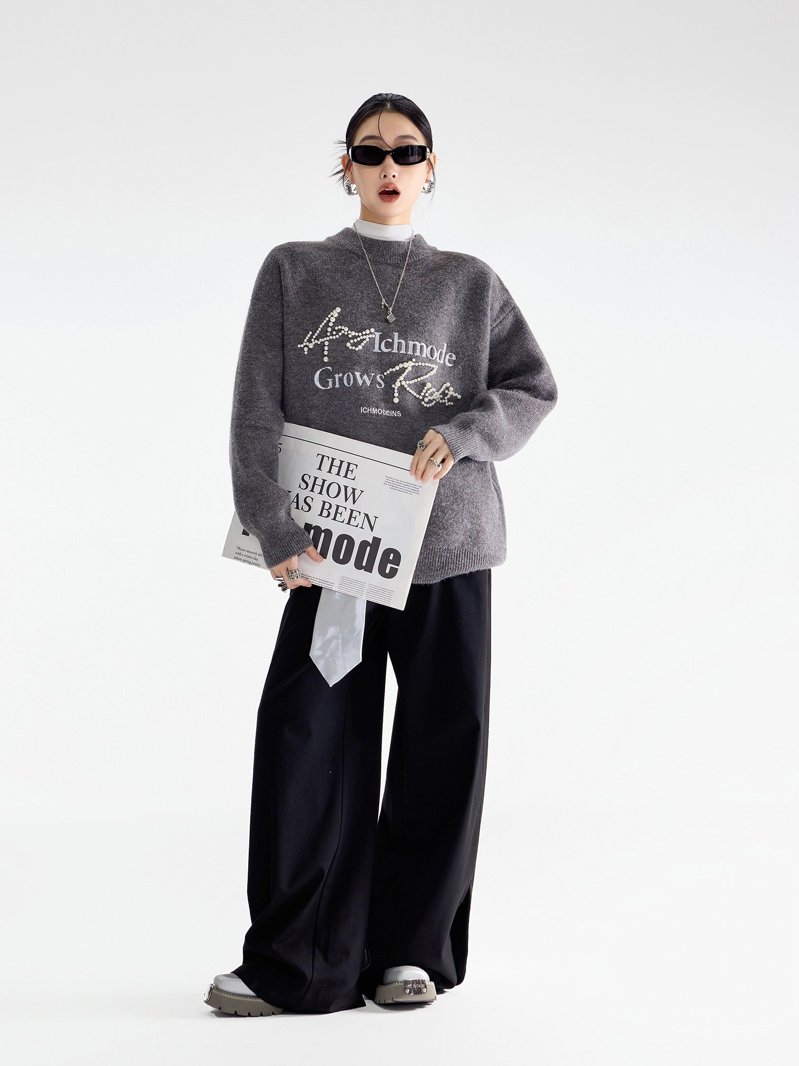 ICH MODE 美式复古珍珠圆领毛衣女秋冬季宽松针织衫慵懒套头上衣