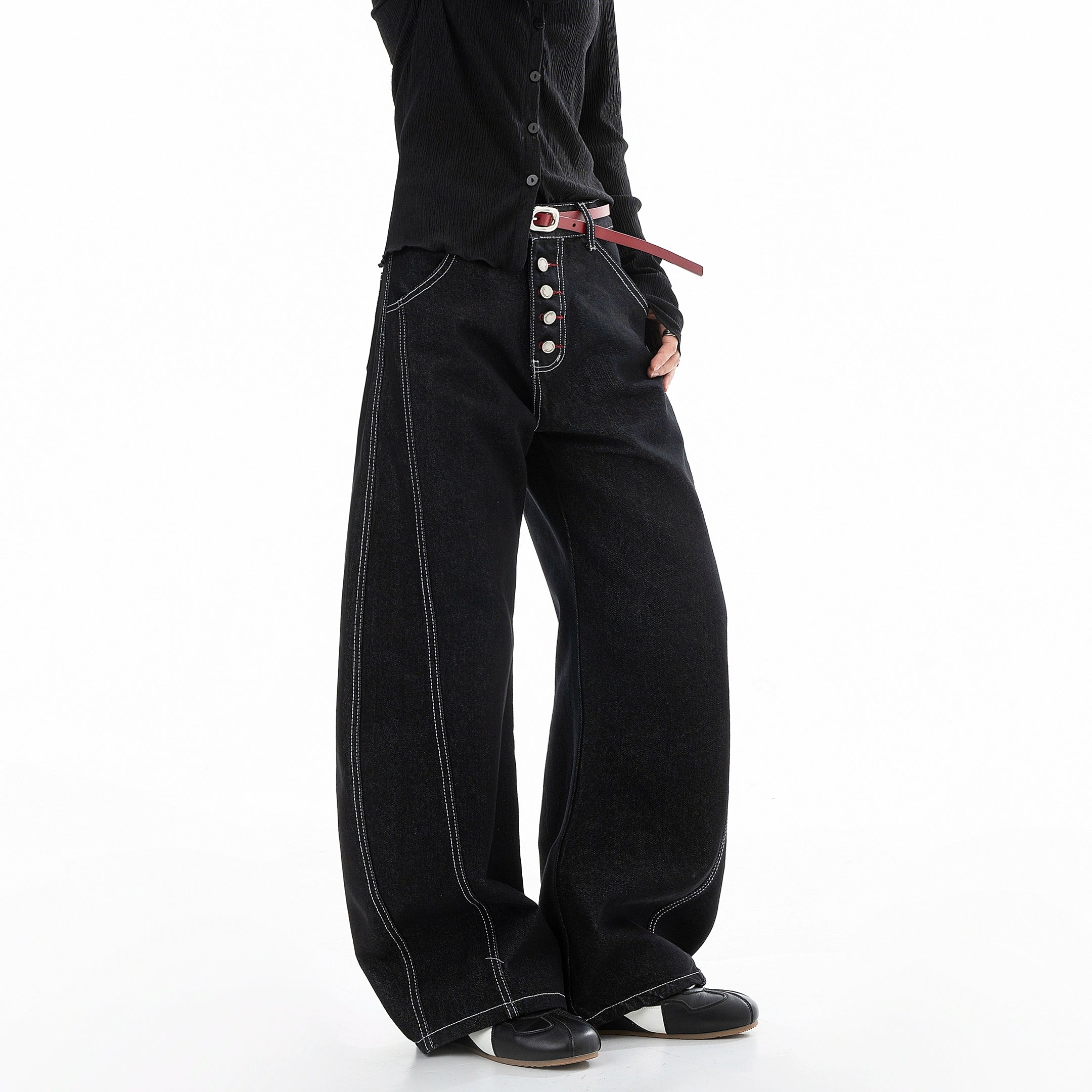 ICH MODE 美式复古宽松牛仔裤女秋冬廊形阔腿弯刀裤休闲直筒长裤