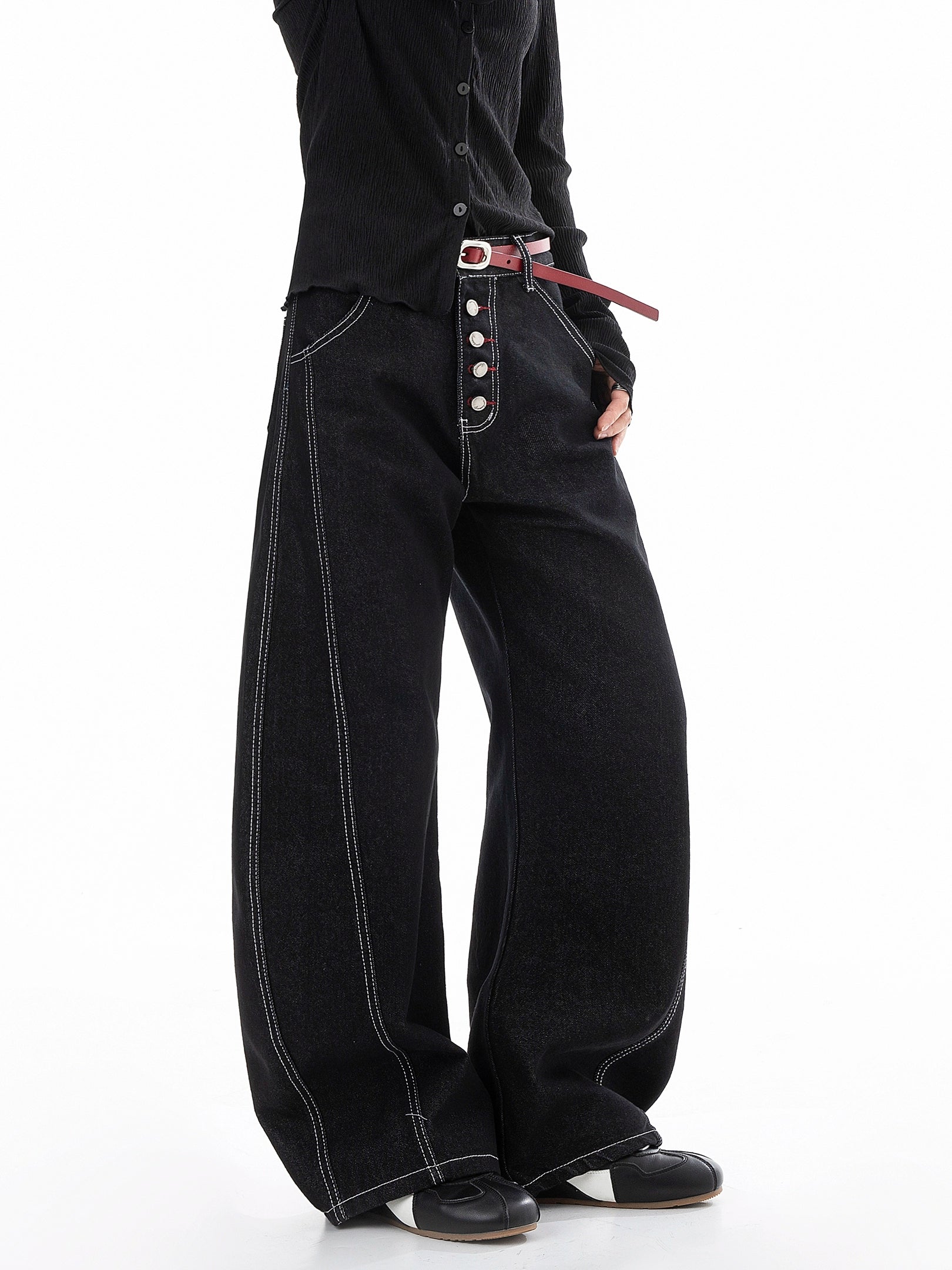 ICH MODE 美式复古宽松牛仔裤女秋冬廊形阔腿弯刀裤休闲直筒长裤