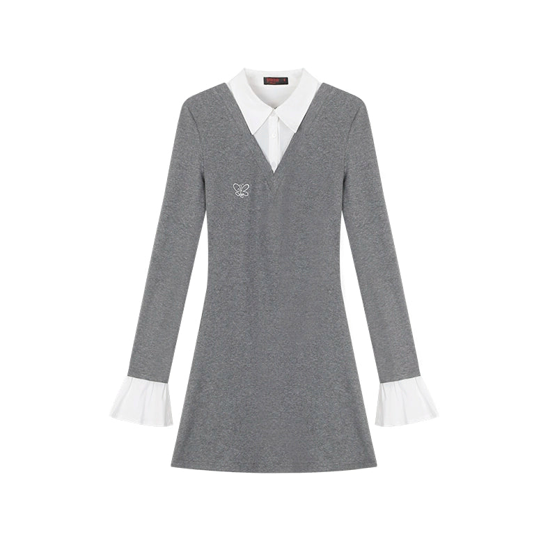 野生zero黑灰色假两件长袖衬衫连衣裙女秋冬款收腰打底针织中裙子