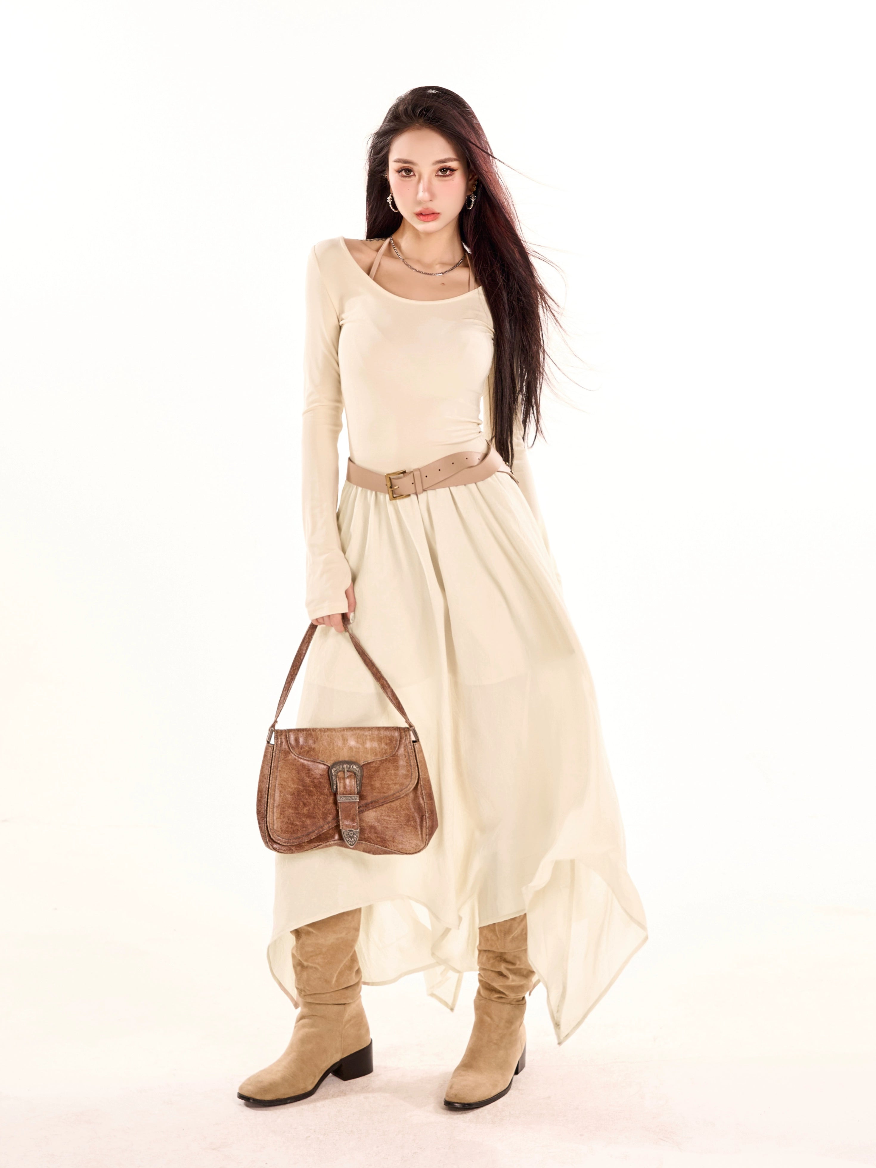 野生zerocircle 黑杏色a字长袖连衣裙女春秋辣妹显瘦修身收腰裙子