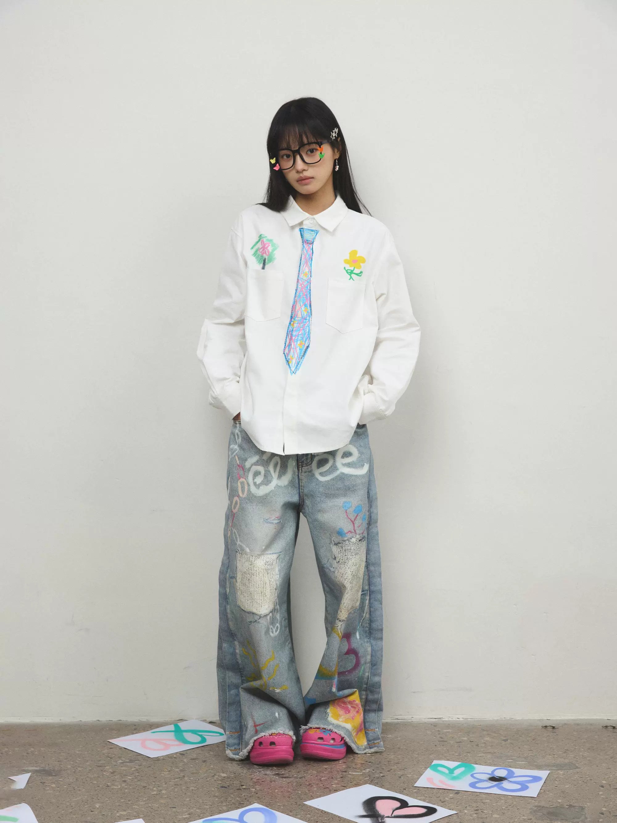 “追梦”| eeee创意设计感蜡笔手绘领带衬衫趣味学院风涂鸦衬衣春