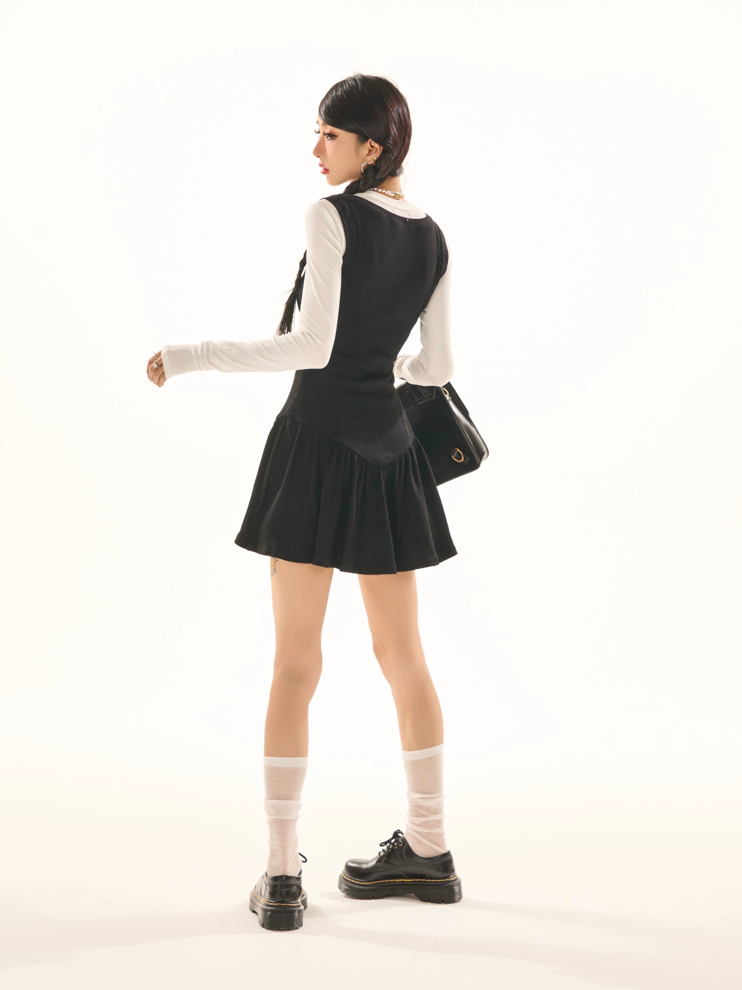 野生zerocircle撞色假两件长袖连衣裙女秋显瘦修身中长款背心裙子