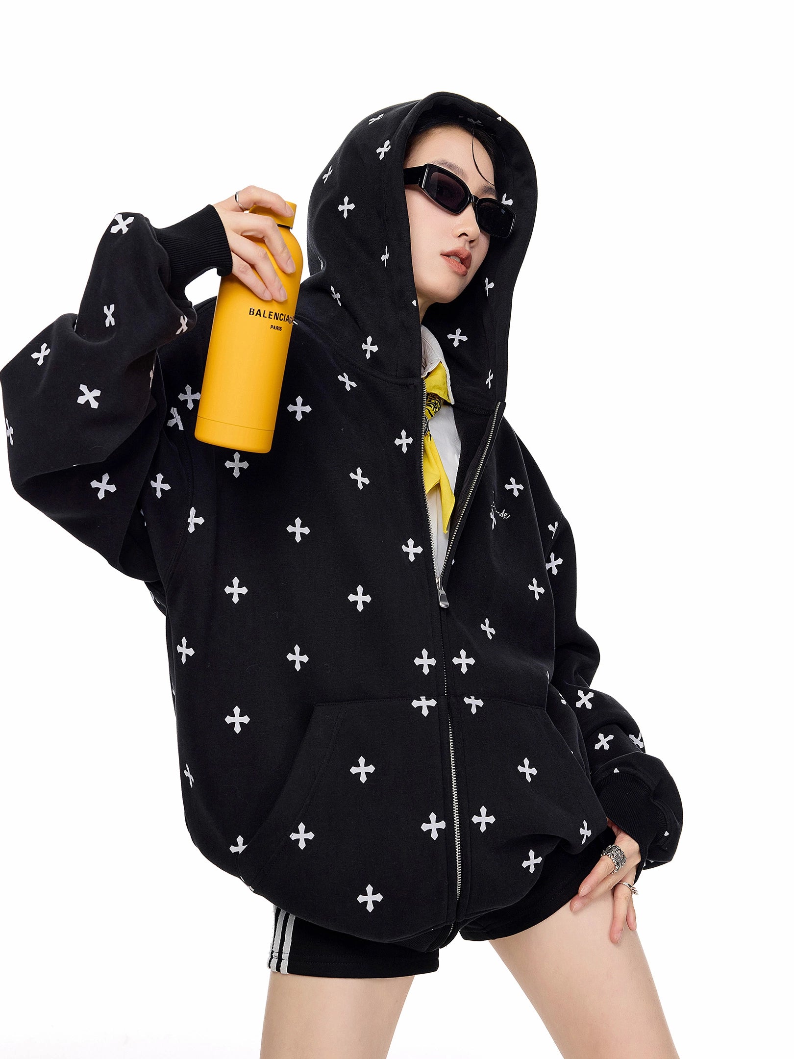 ICH MODE 美式复古满印十字架连帽卫衣外套女秋冬季拉链上衣开衫