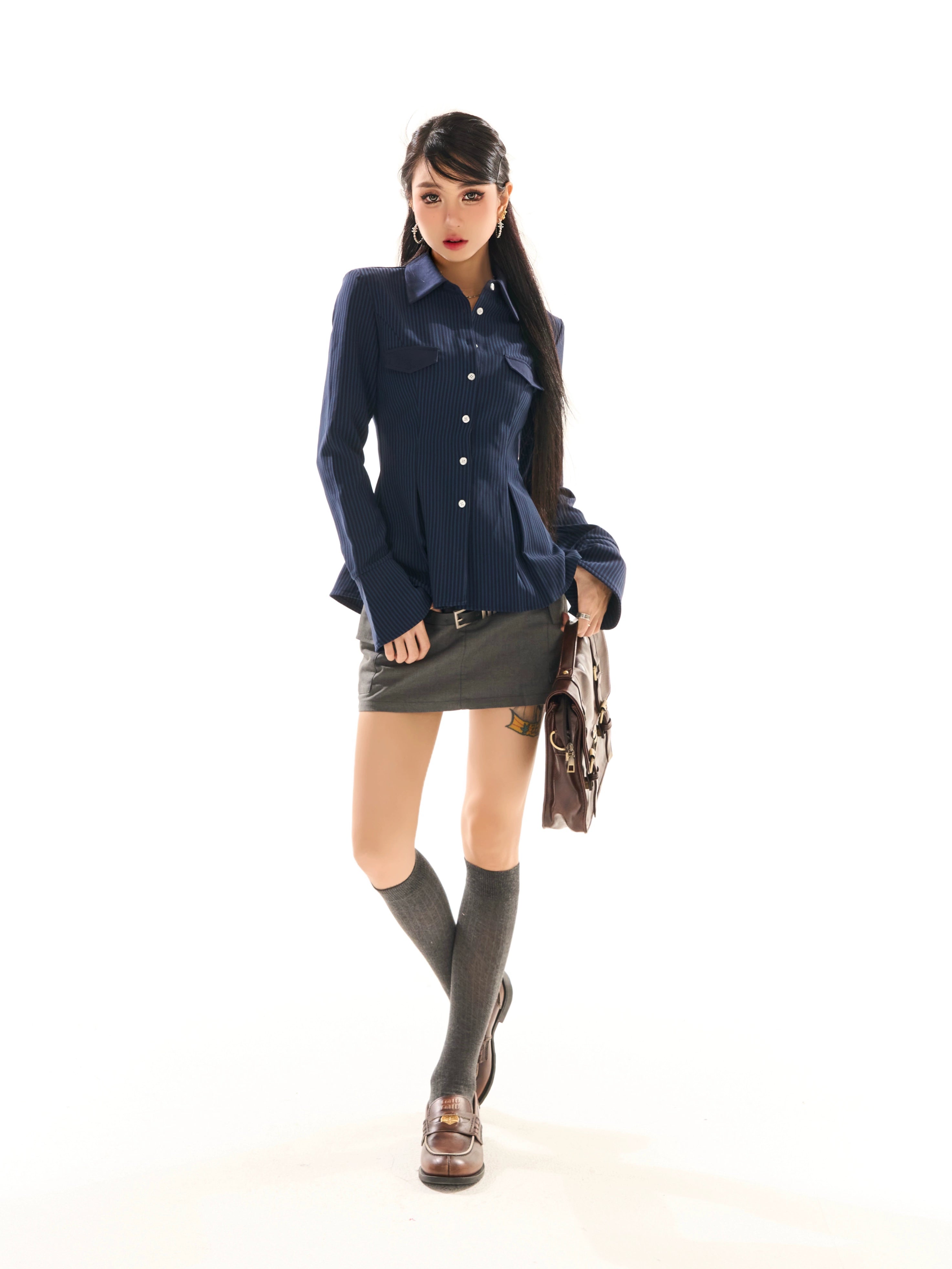 野生zerocircle蓝色条纹收腰衬衫女春辣妹修身显瘦正肩喇叭袖上衣