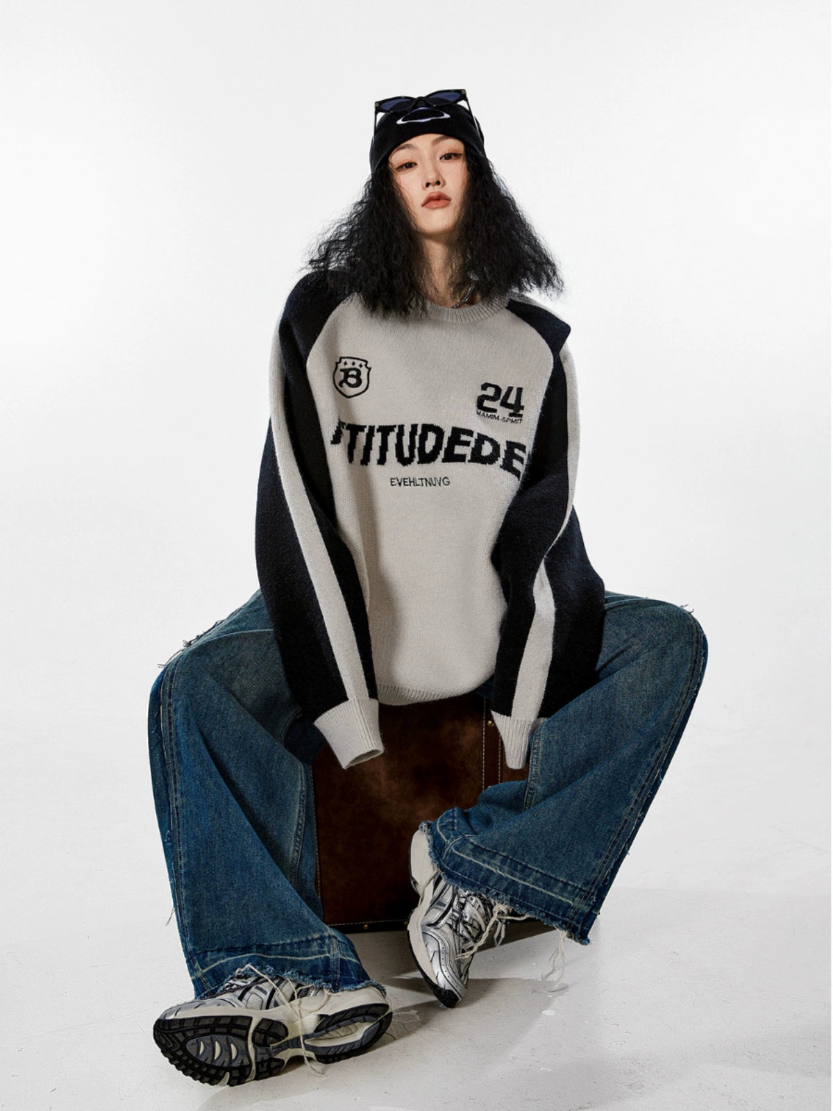 ICH MODE 美式复古撞色红色毛衣秋冬女宽松慵懒风针织衫外套新款