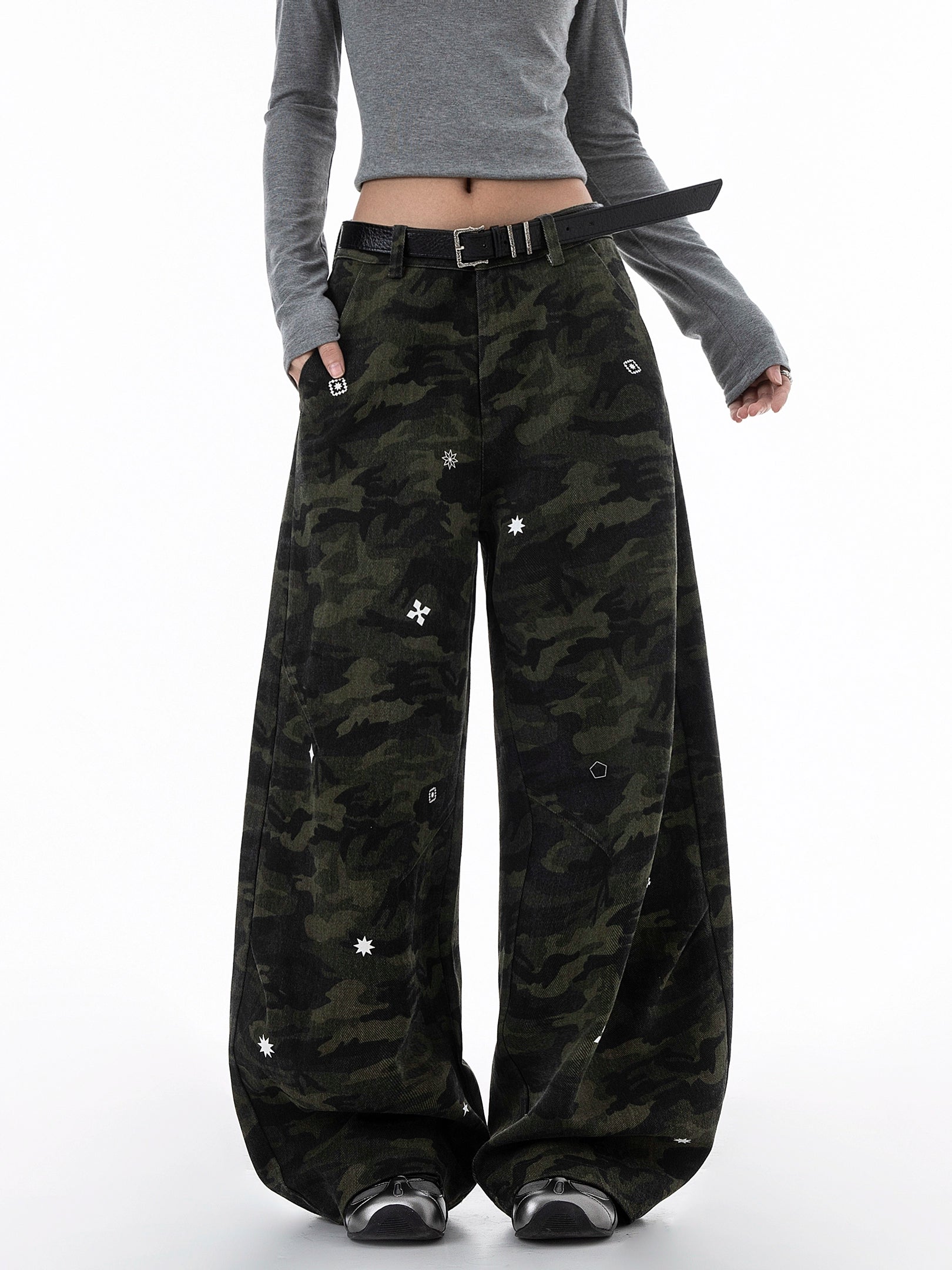 ICH MODE 美式复古星星休闲裤女宽松工装裤迷彩裤直筒阔腿运动裤
