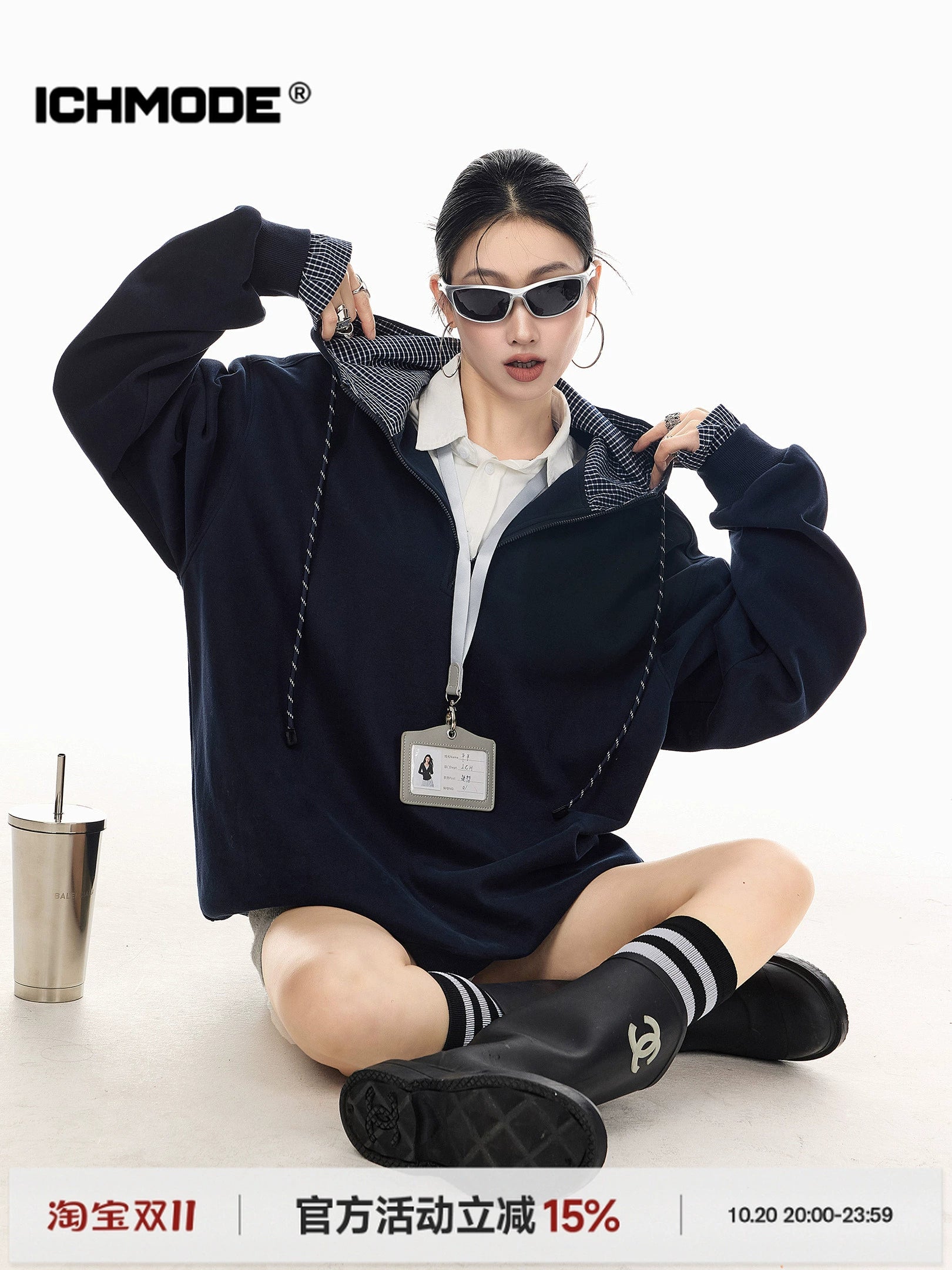 ICH MODE 美式复古格子拼接连帽卫衣女秋冬季半开领运动上衣外套