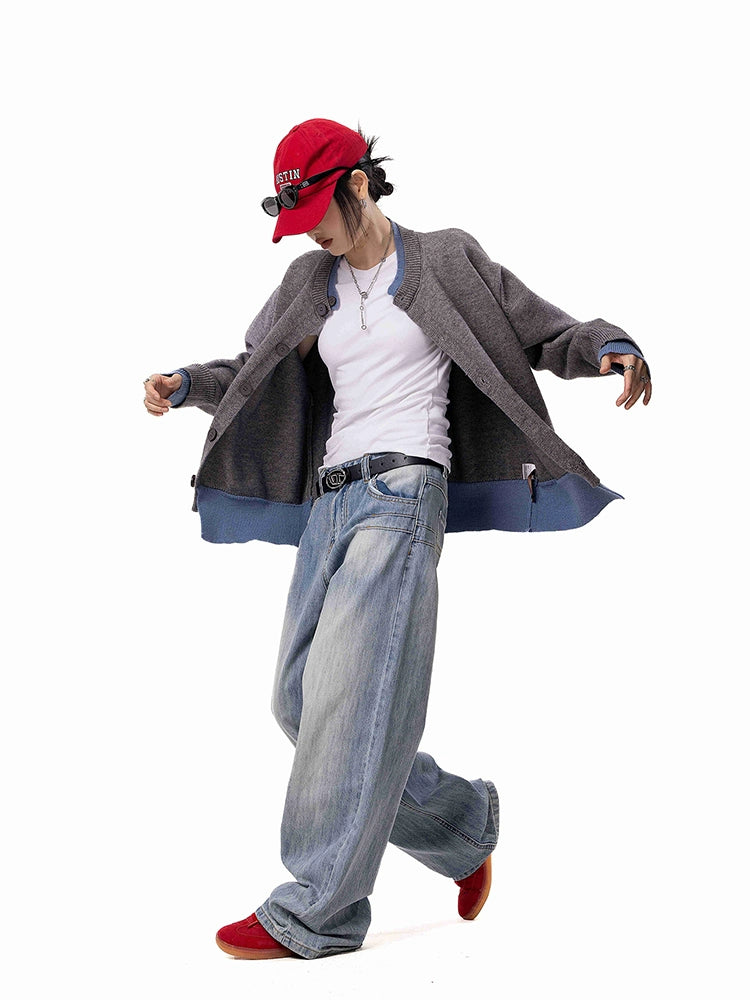 ICH MODE 美式假两件毛针织衫女2025年新款秋冬开衫毛衣长袖外套