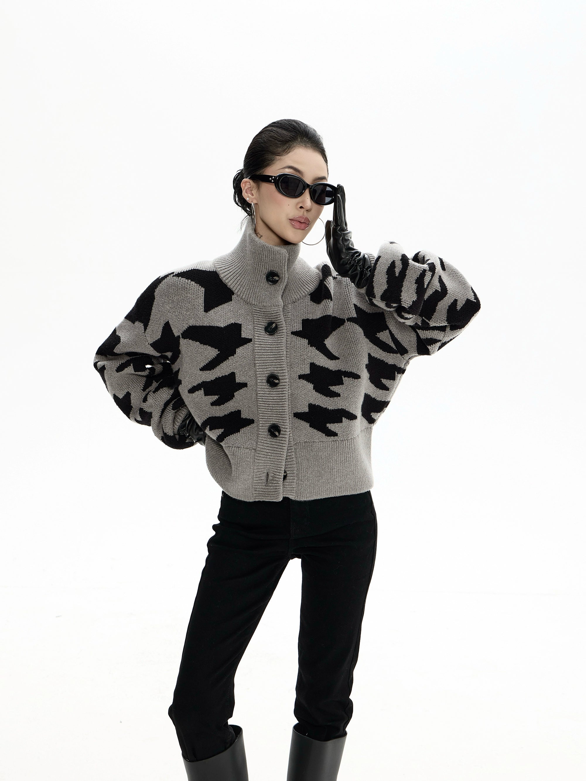 野生zero千鸟格短款开衫毛衣女秋冬2025新款美式复古立领上衣外套