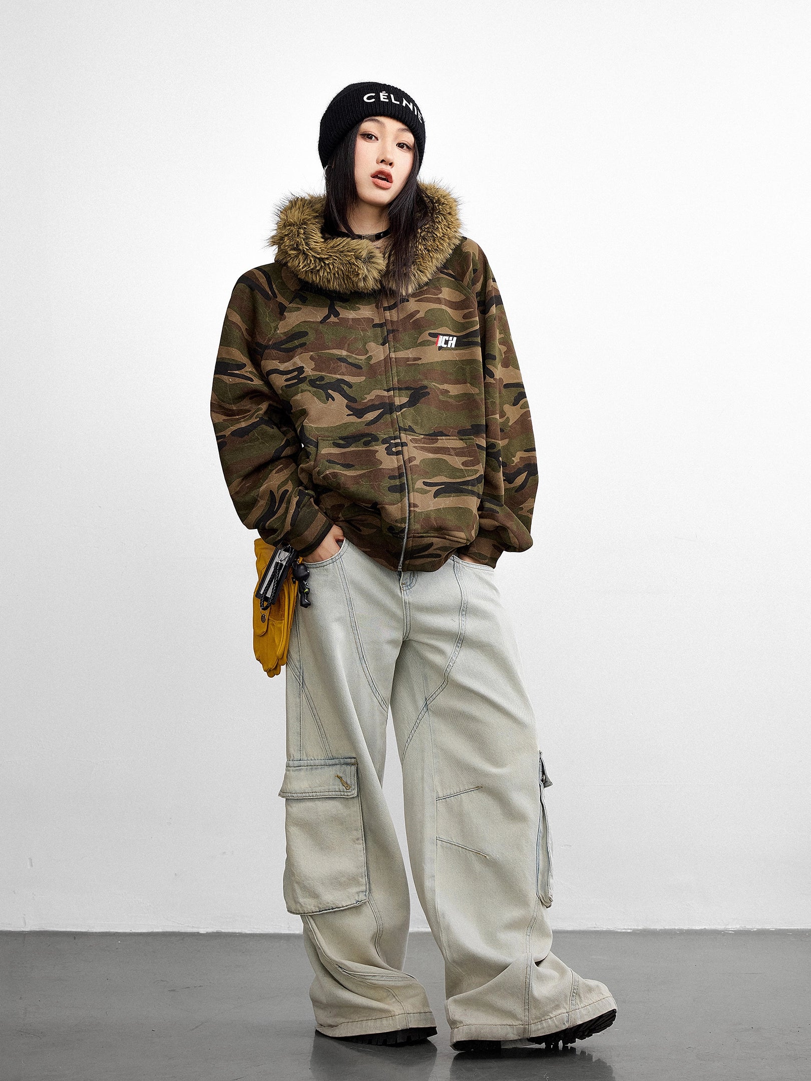 ICH MODE 美式复古毛领迷彩外套女2025秋冬新款连帽卫衣开衫上衣