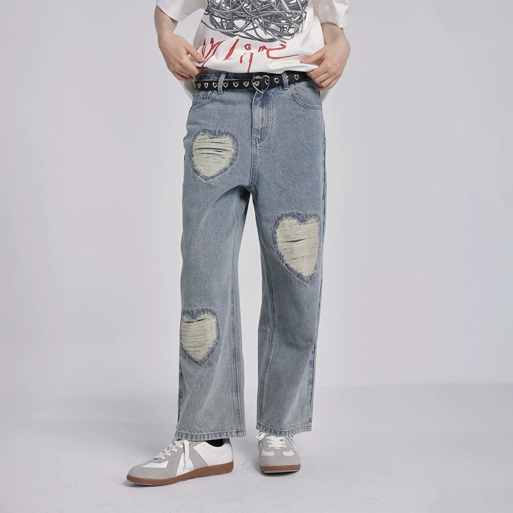 eeeeArtmonster24SS “破损之心” 爱心破洞设计水洗冰蓝色牛仔裤
