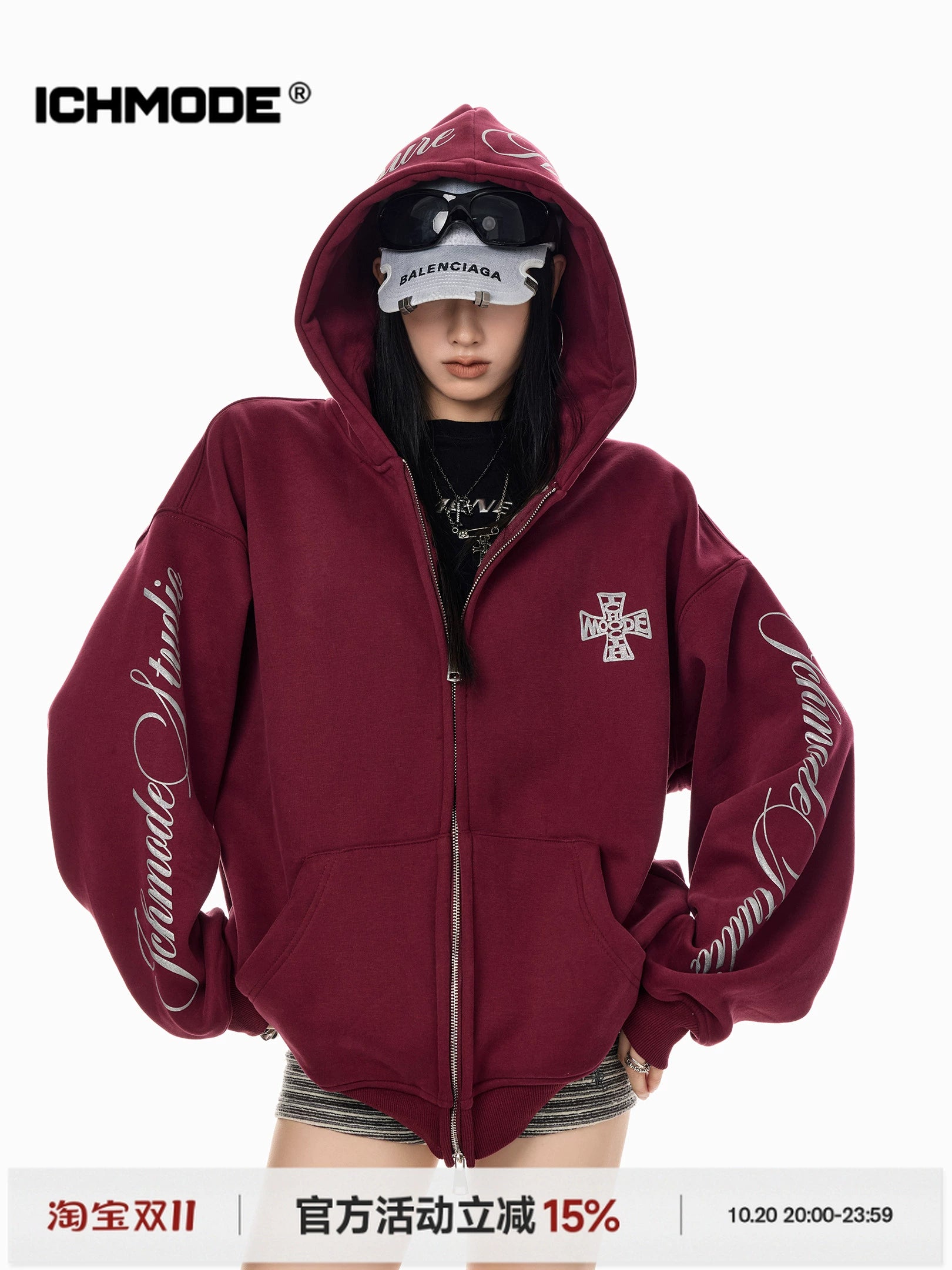 ICH MODE 美式复古哥特加绒连帽卫衣外套女新款秋冬宽松开衫上衣