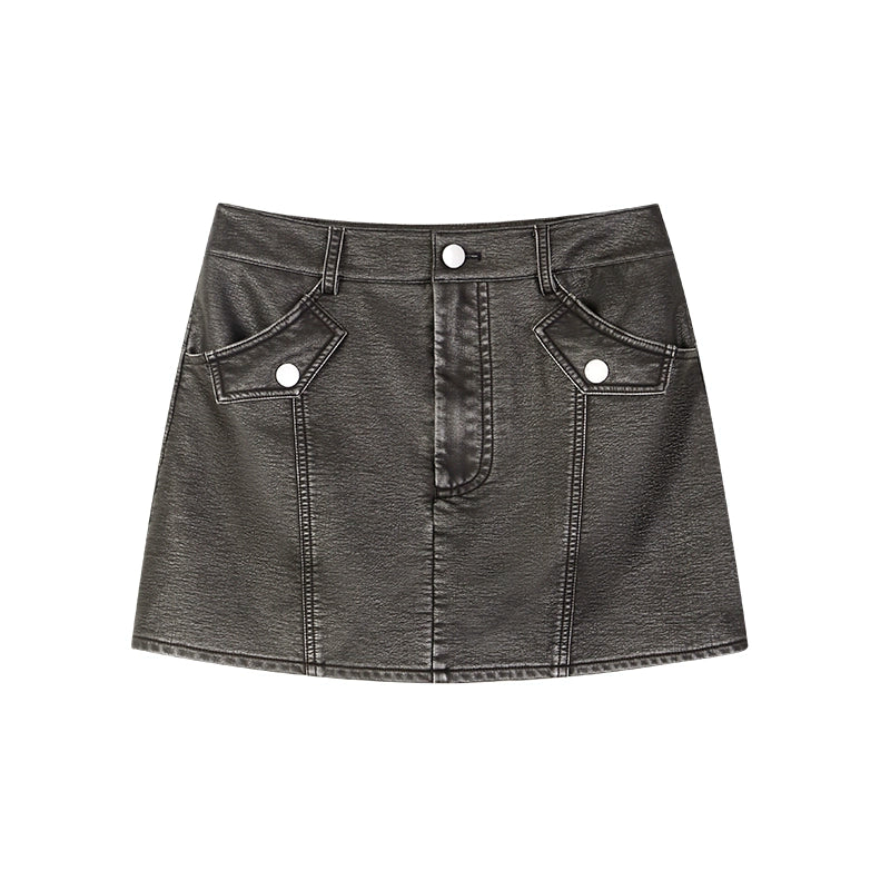 野生zerocircle 黑色立领正肩短款皮衣外套装女春a字显瘦半身裙子