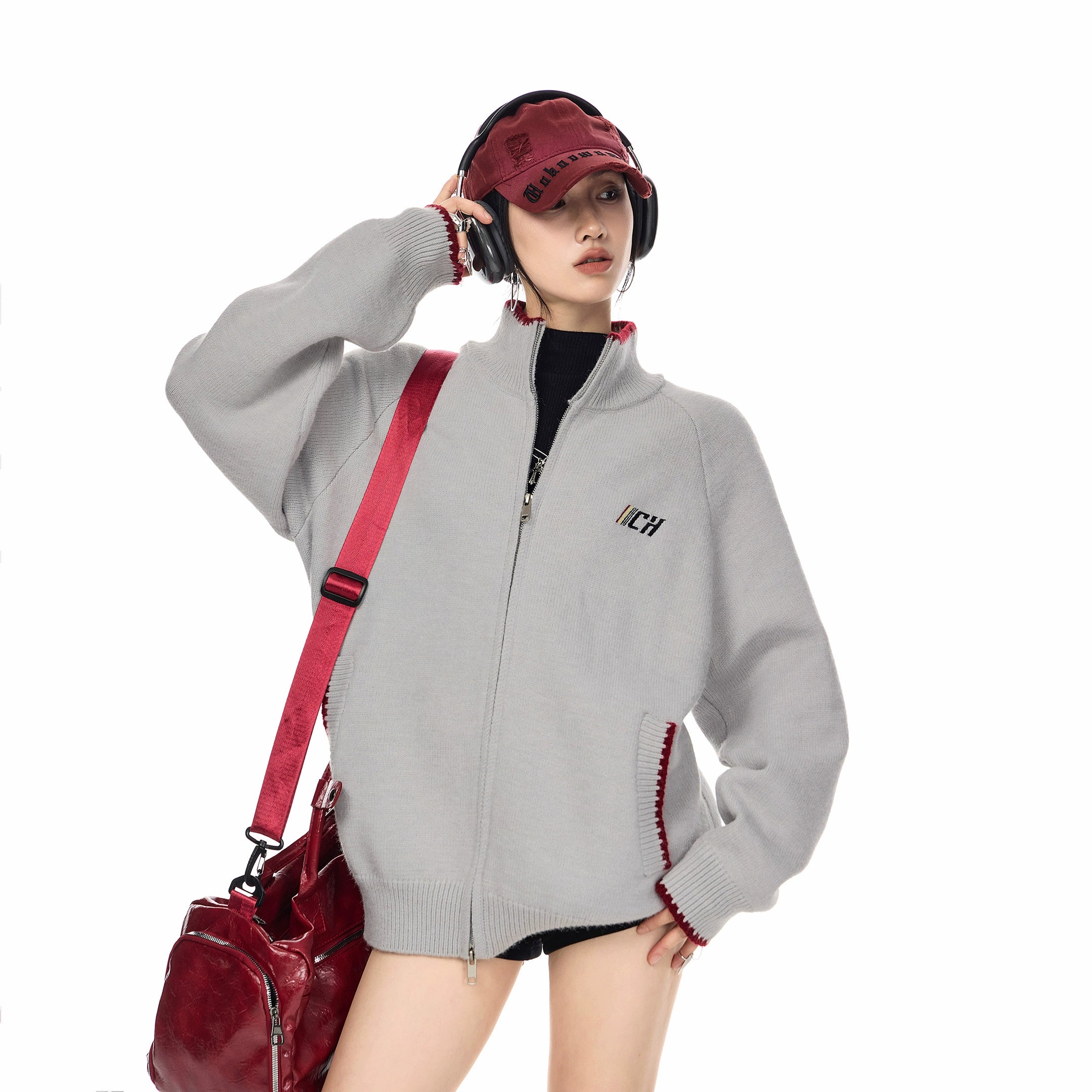 ICH MODE 美式复古撞色立领毛针织开衫女秋冬季宽松慵懒毛衣外套