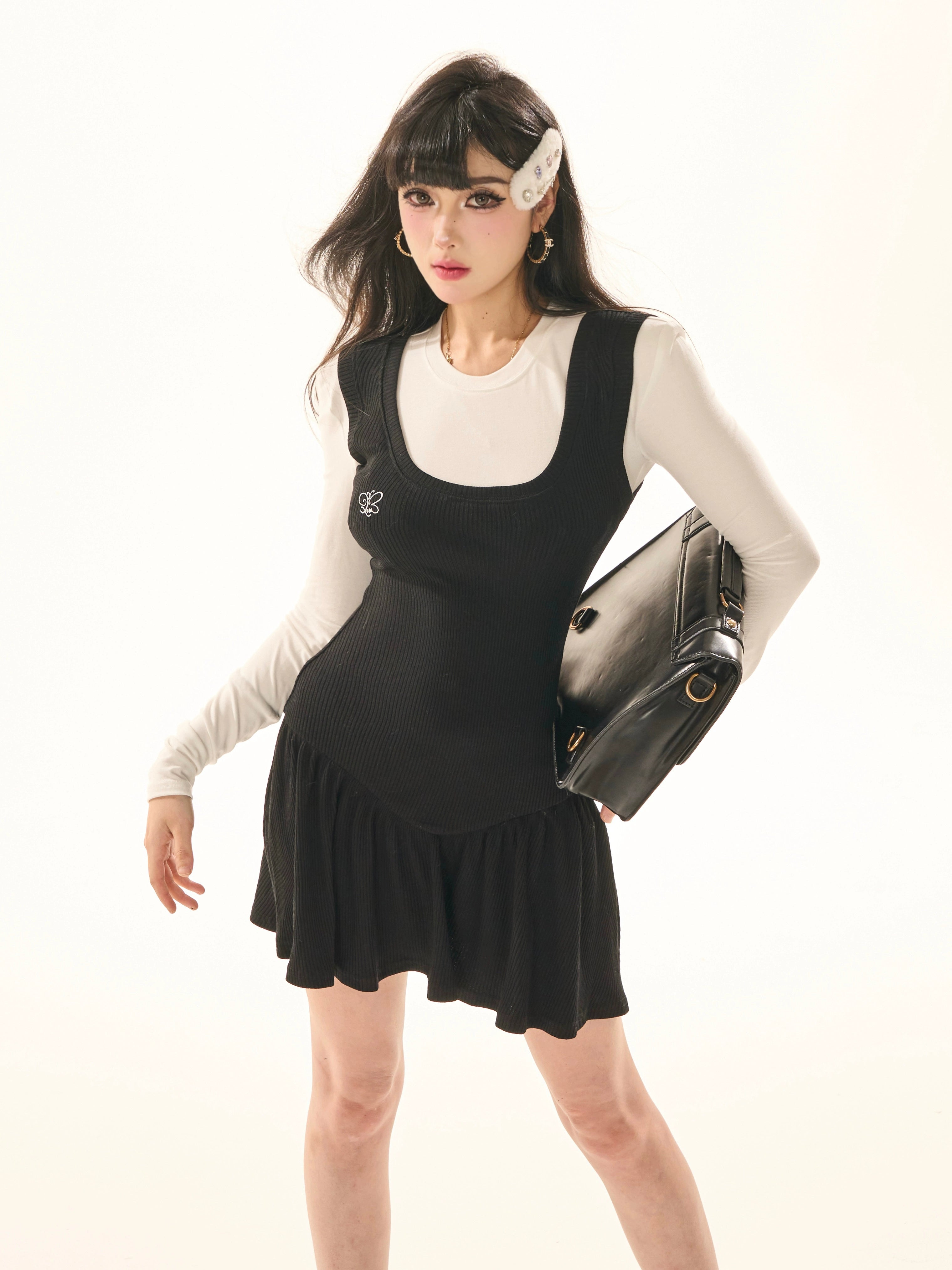 野生zerocircle撞色假两件长袖连衣裙女秋显瘦修身中长款背心裙子