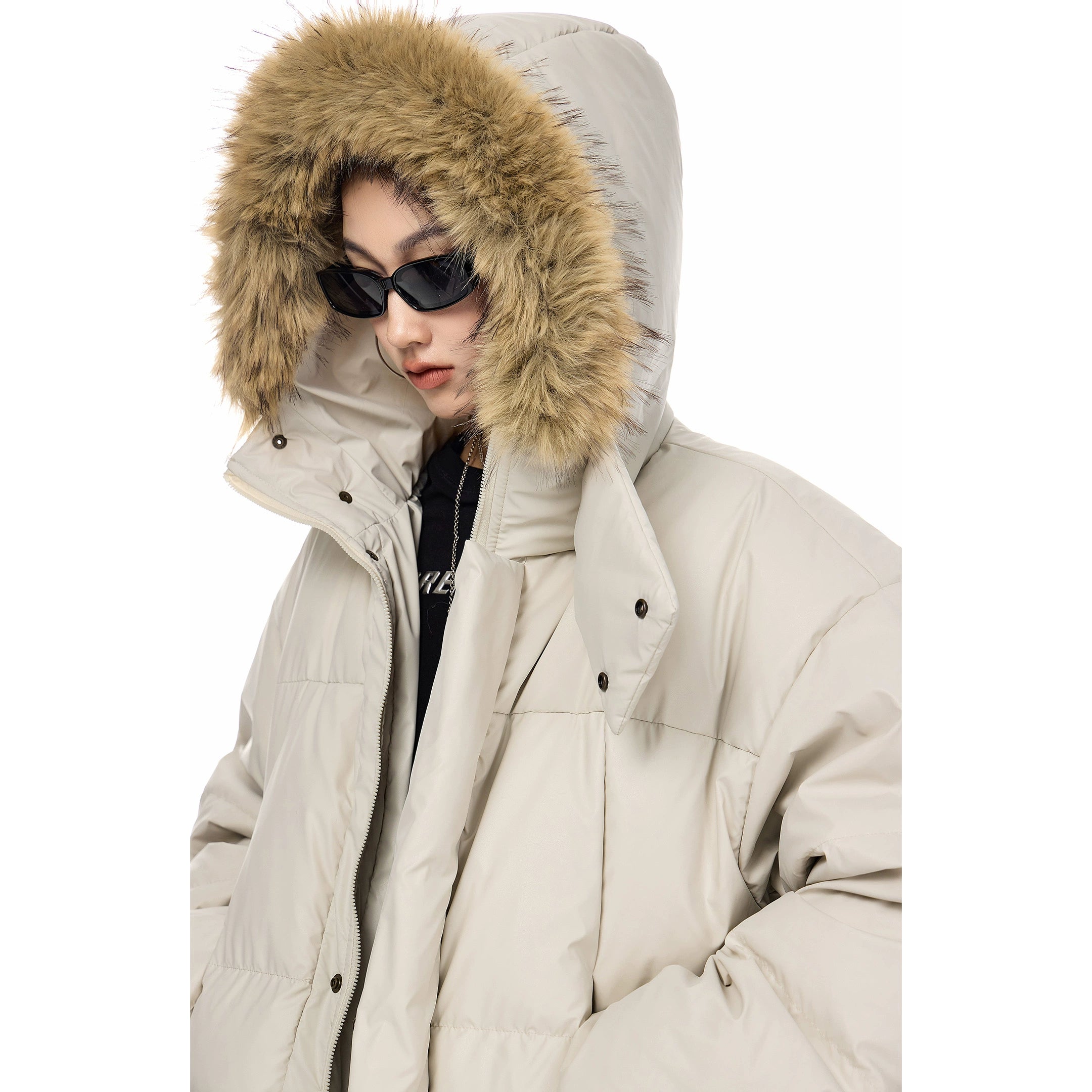 ICH MODE 90白鸭绒美式复古毛领连帽羽绒服女秋冬季保暖防寒外套