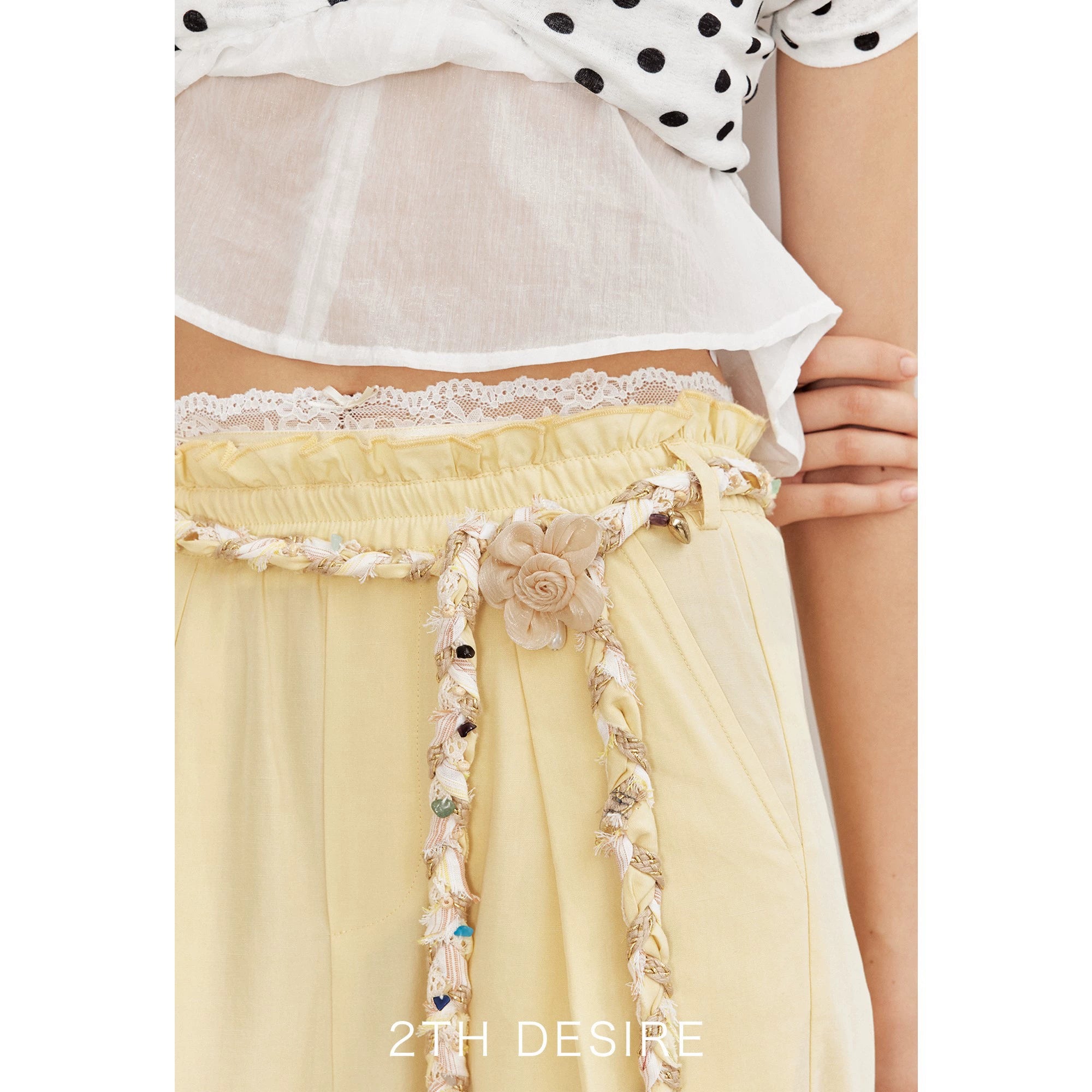 2th Desire复古手工编织亚麻腰带撞色条纹串珠彩色石头流浪感腰绳