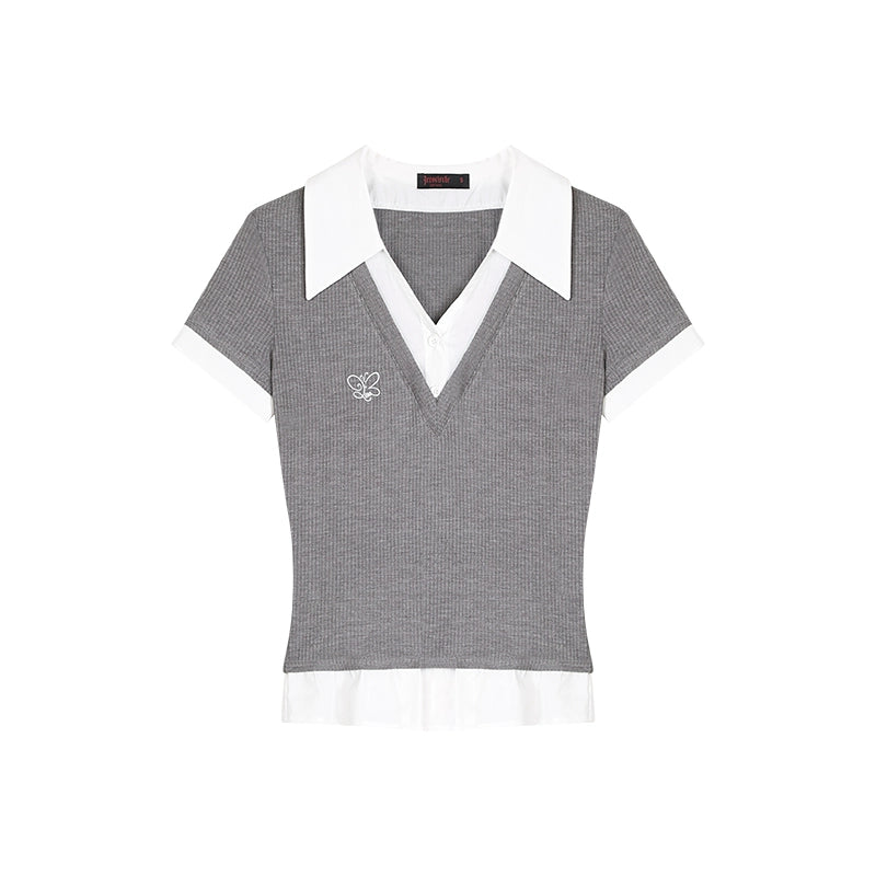 野生zerocircle黑灰色正肩短袖t恤女春辣妹修身v领针织假两件上衣