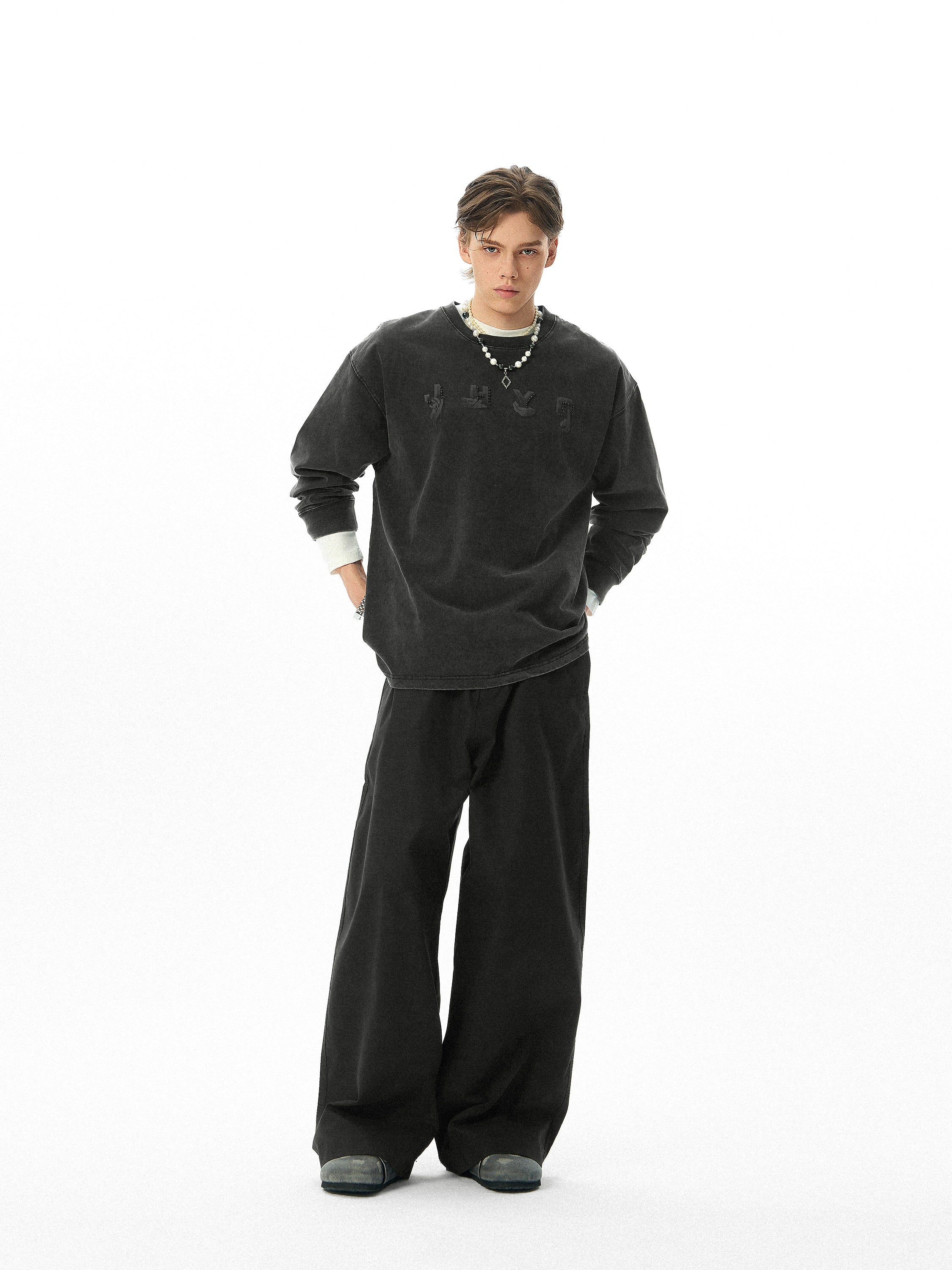 【创意手势】JHYQ美式320g复古水洗钉珠长袖T恤男宽松休闲卫衣男