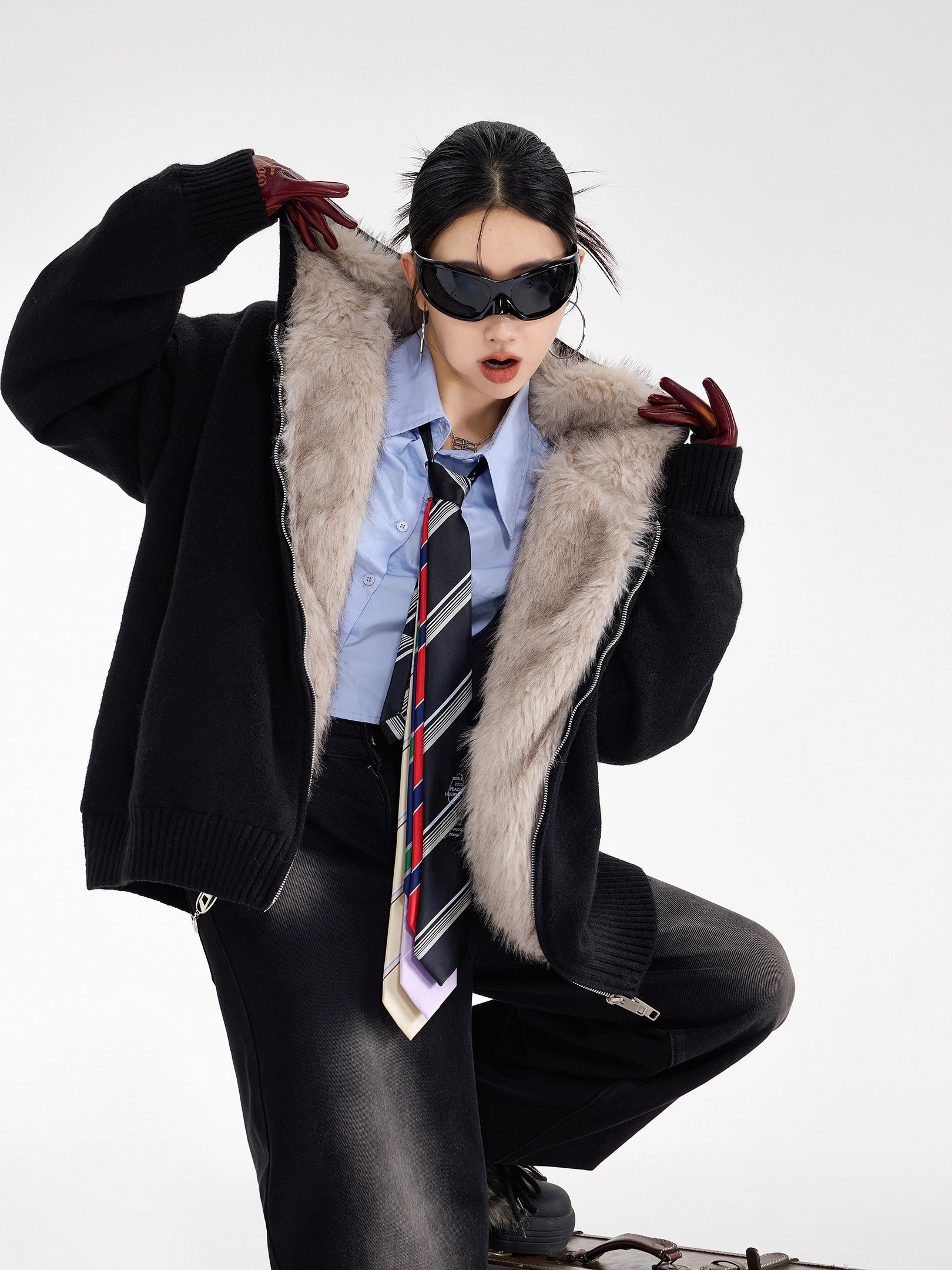 ICH MODE 美式复古座山雕针织开衫棉服女秋冬季宽松加厚棉衣外套