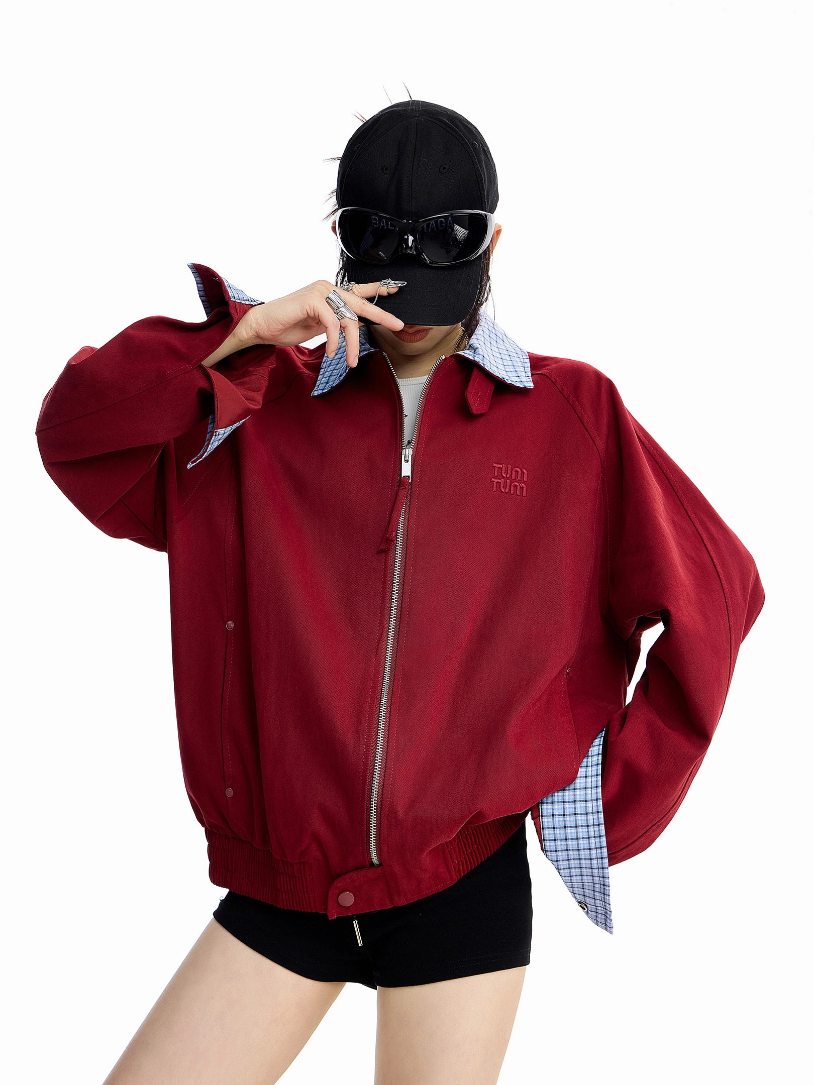 ICH MODE 美式复古格子拼接外套女秋冬宽松开衫夹克运动百搭上衣