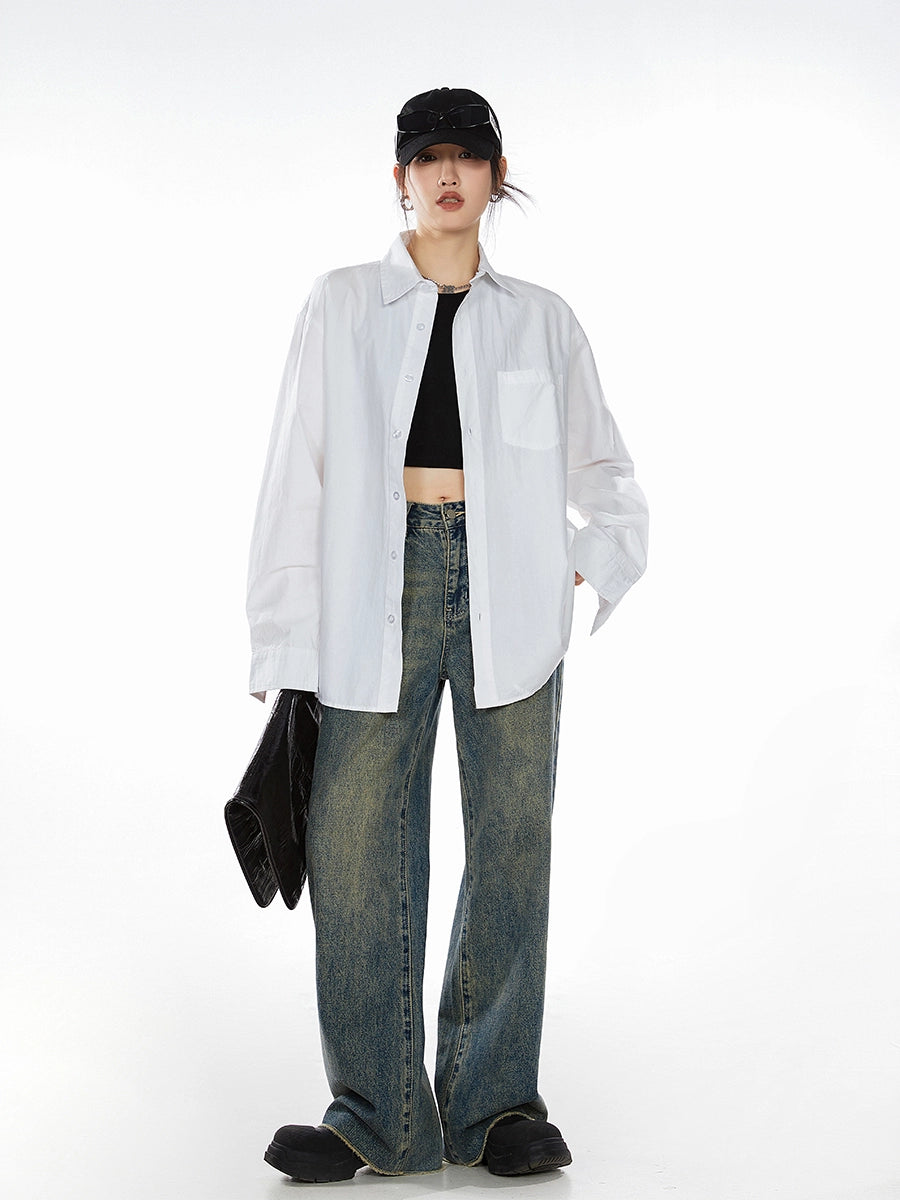 ICH MODE 美式复古白衬衫女夏季新款宽松流行衬衣外套上衣慵懒风