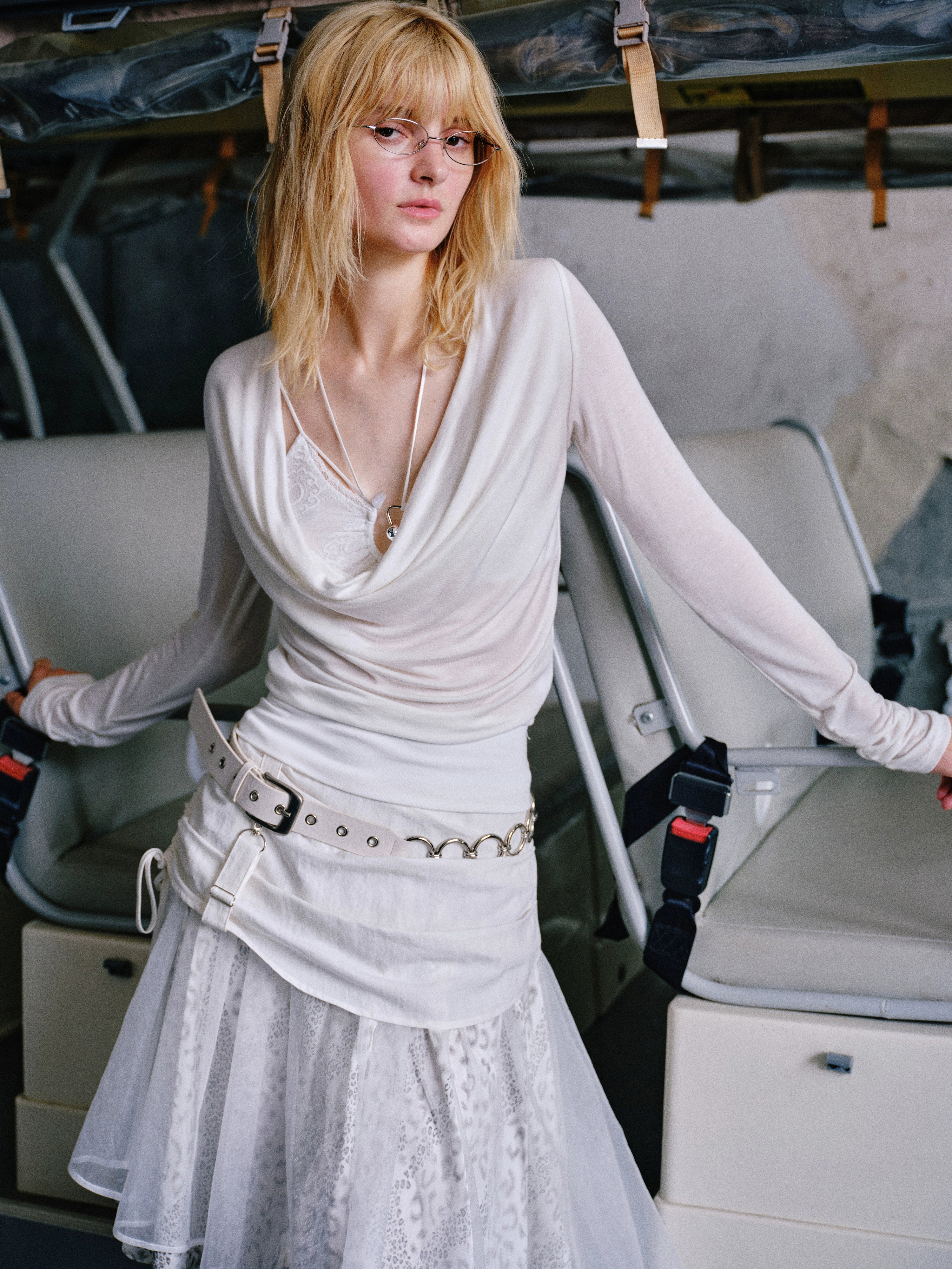 2th Desire 假两件蕾丝内衣拼接莱赛尔荡领修身显瘦长袖T恤上衣女