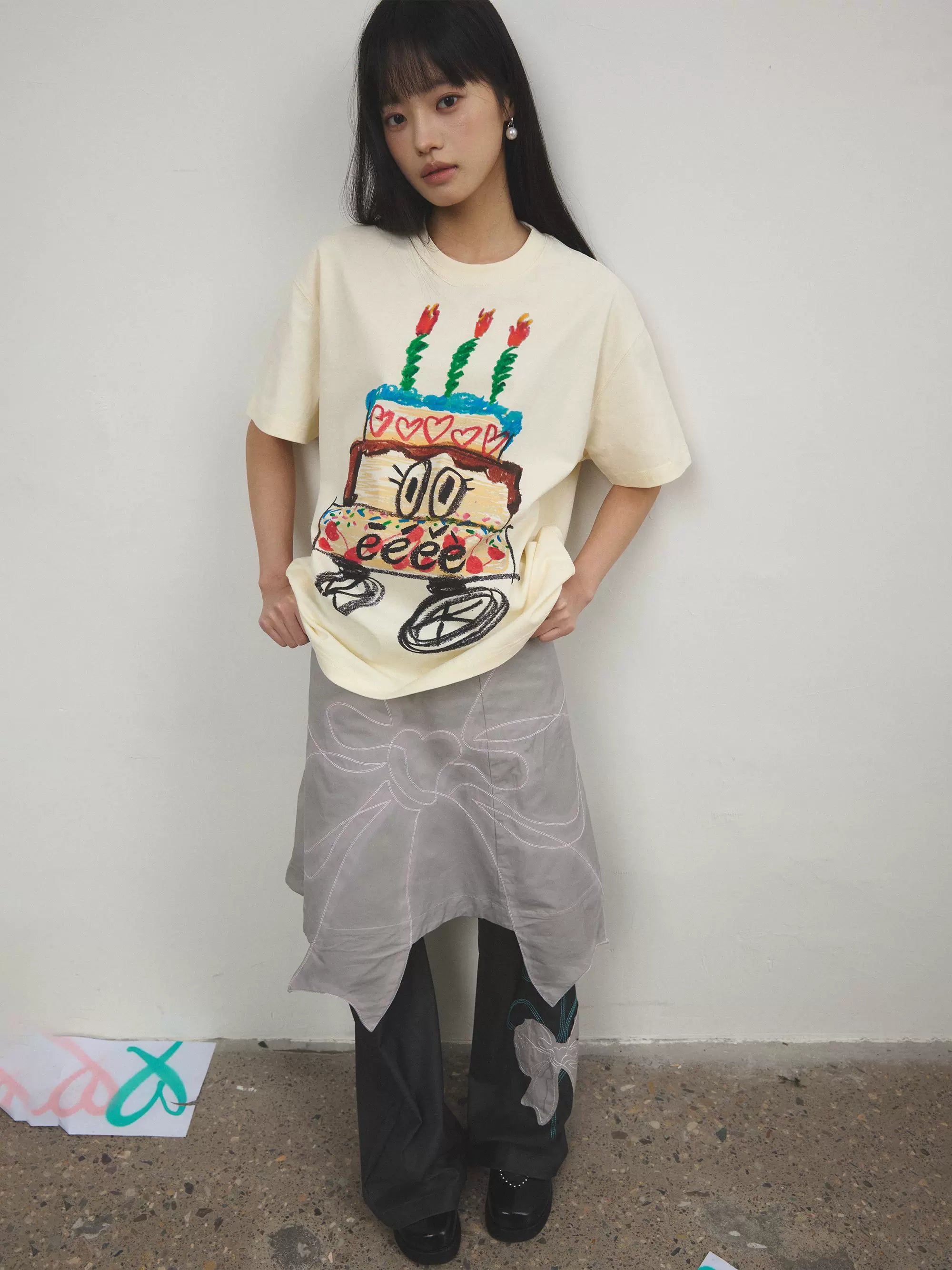 “逃跑蛋糕”| eeee手绘生日蛋糕创意T恤小众涂鸦艺术印花短袖夏