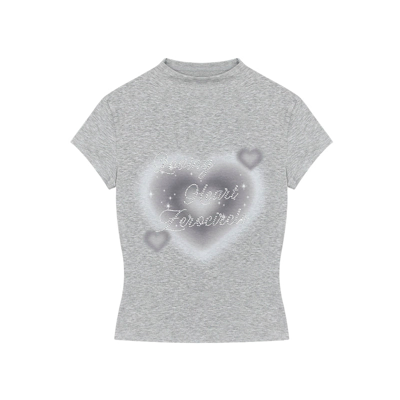 野生zero 灰粉色正肩半高领短袖t恤女夏季甜辣妹修身显瘦印花上衣