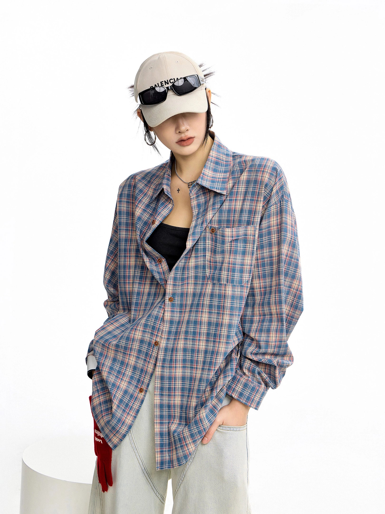 ICH MODE 美式复古格子长袖衬衫女夏季新款百搭休闲衬衣外套上衣