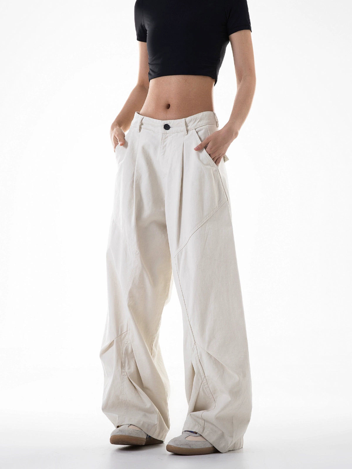 ICH MODE 美式复古白色弯刀裤女夏季宽松bf直筒阔腿裤休闲工装裤