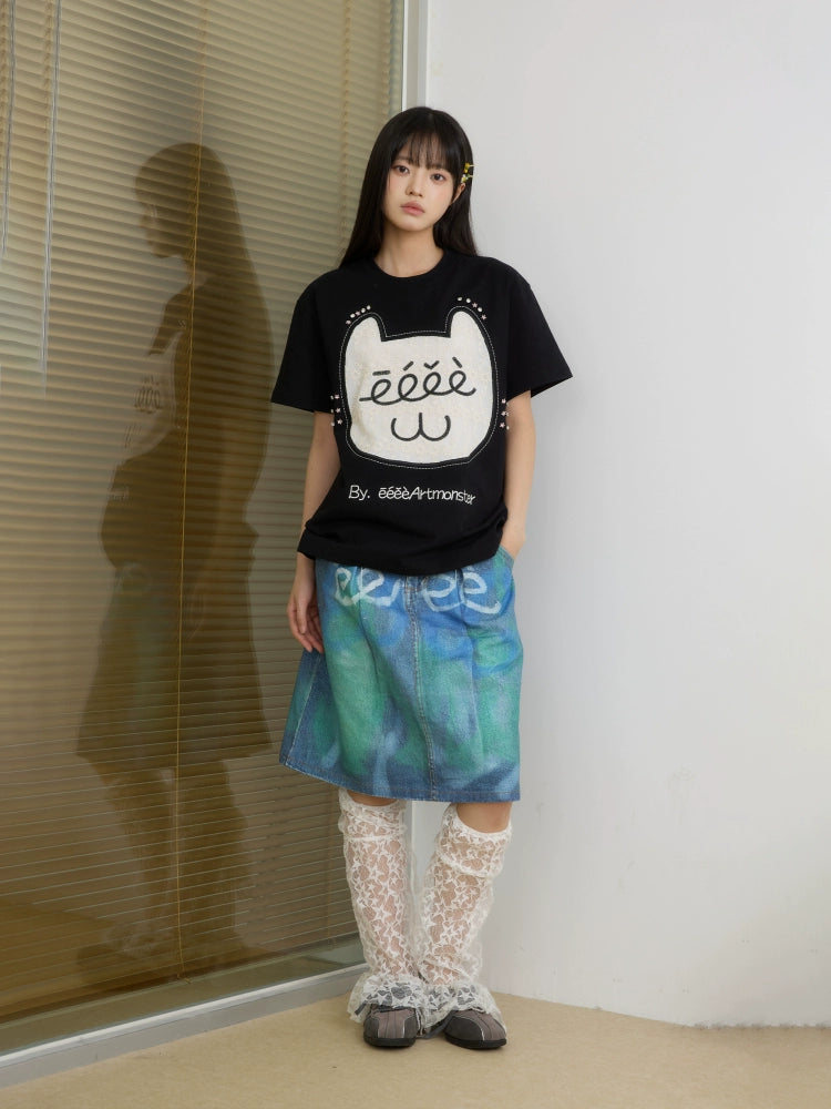 “芭蕾猫咪”|eeee原创设计感蕾丝贴布绣T恤搞怪钻石猫咪短袖夏