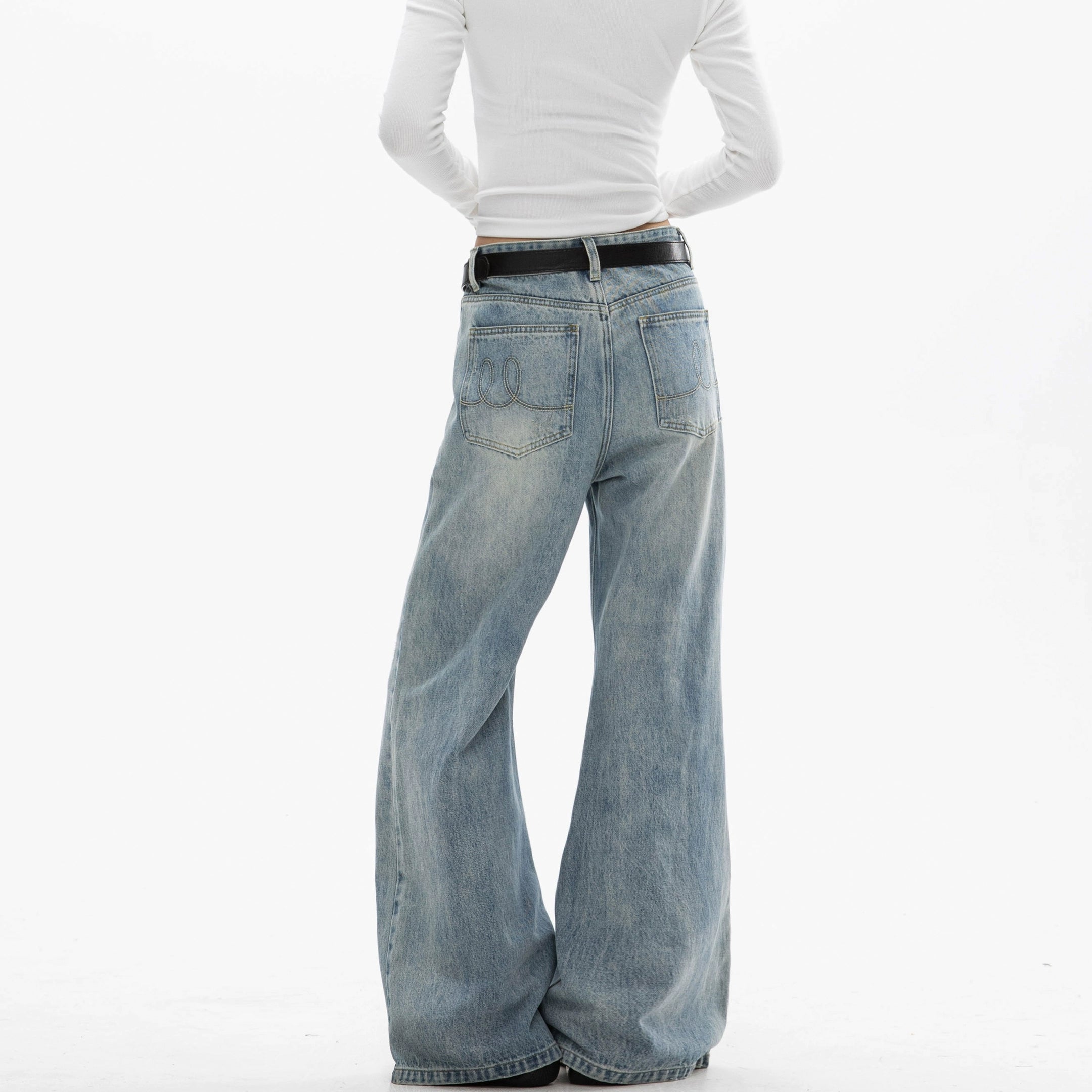 ICH MODE 美式复古水洗牛仔裤女微喇裤宽松直筒裤百搭休闲阔腿裤