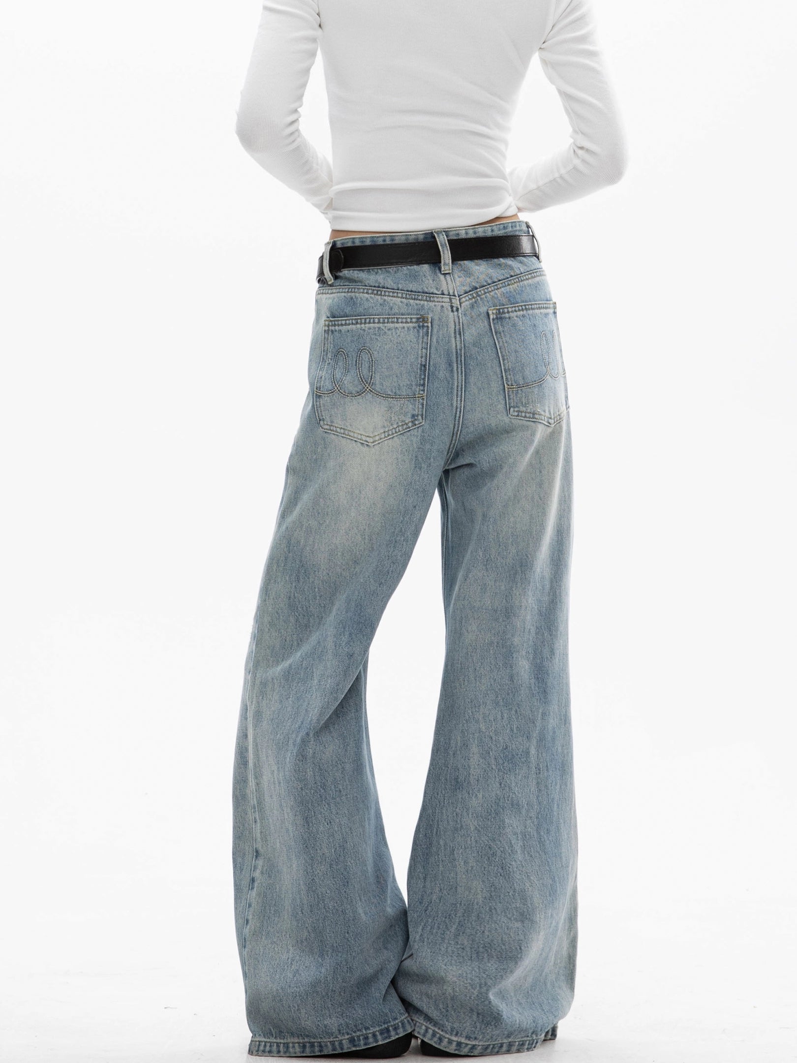 ICH MODE 美式复古水洗牛仔裤女微喇裤宽松直筒裤百搭休闲阔腿裤