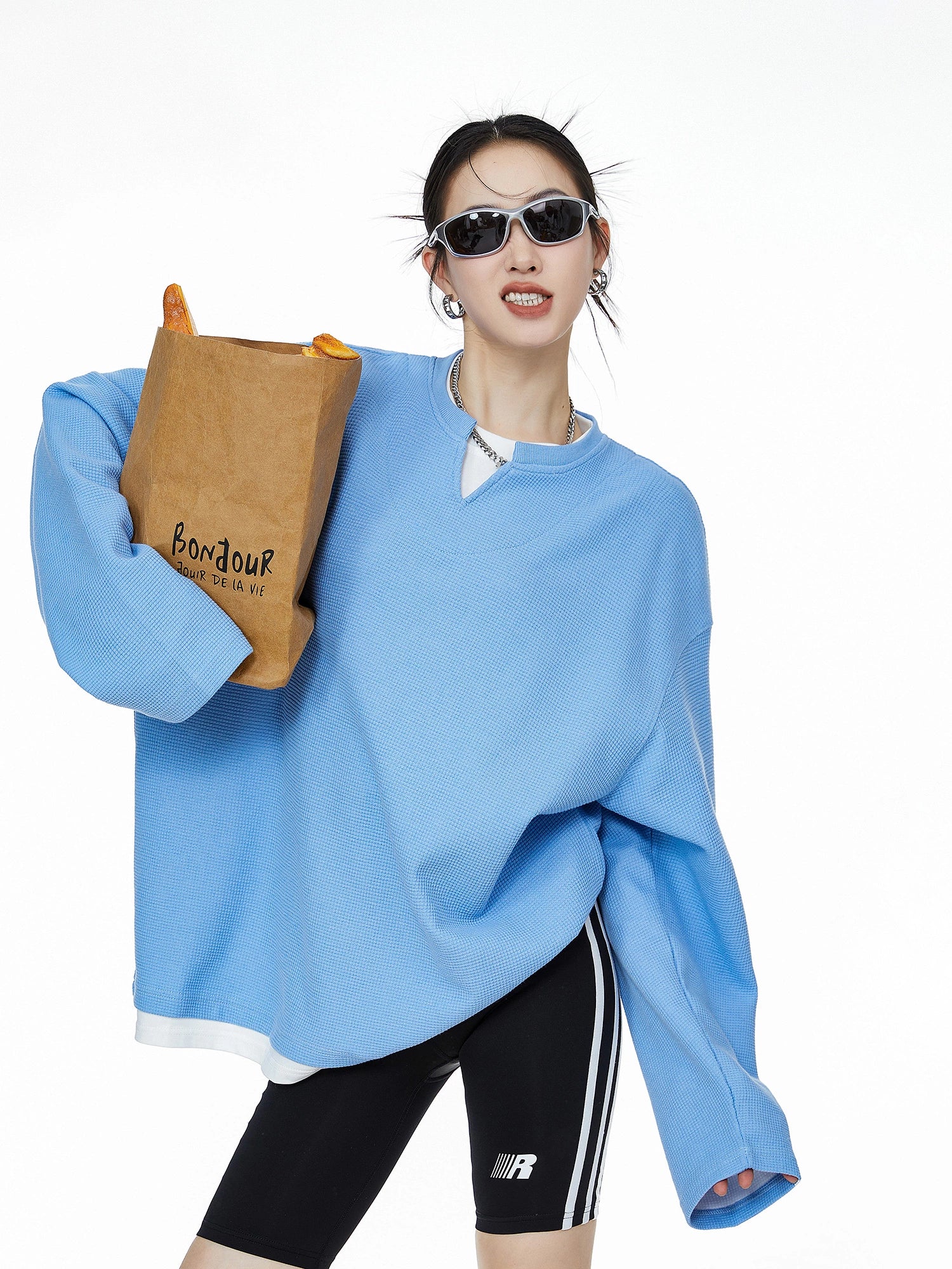 ICH MODE 美式复古假两件华夫格卫衣女秋冬宽松长袖休闲上衣外套